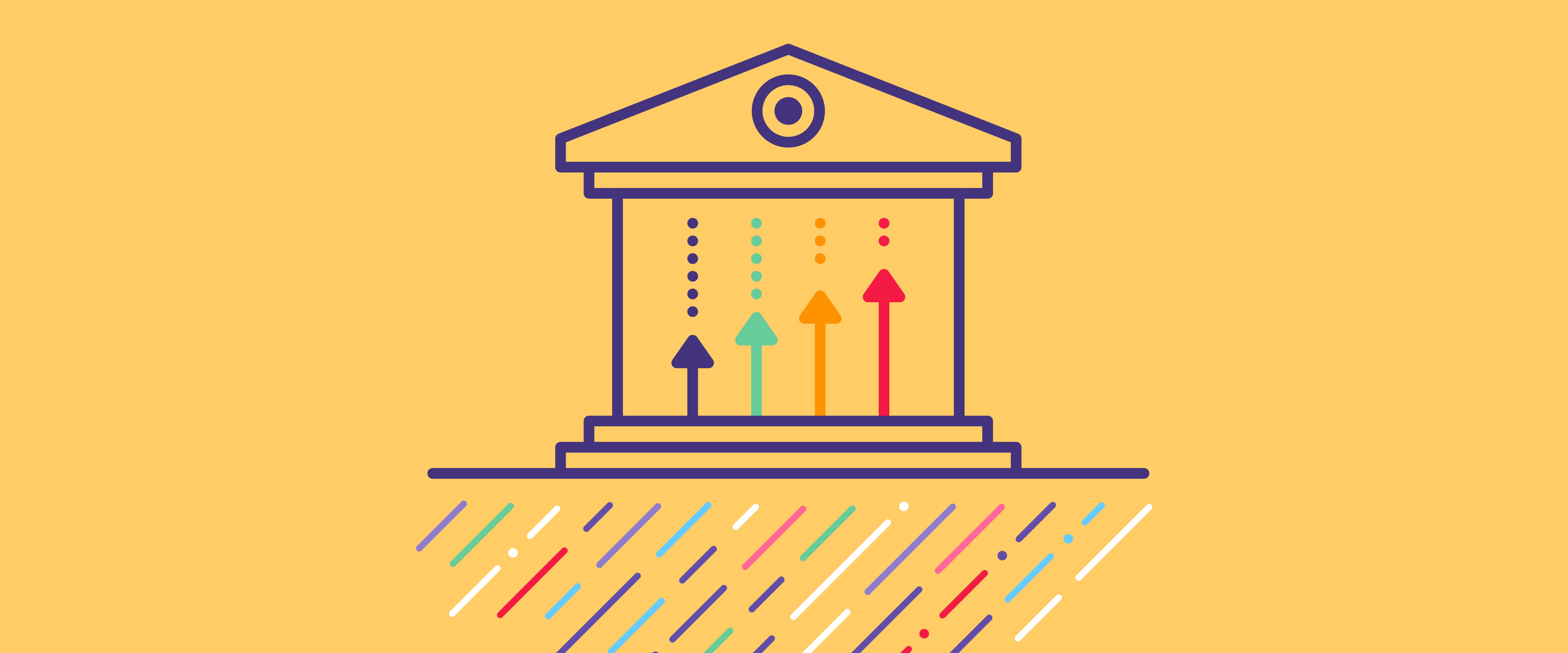 outline of bank with arrows on top of a yellow background