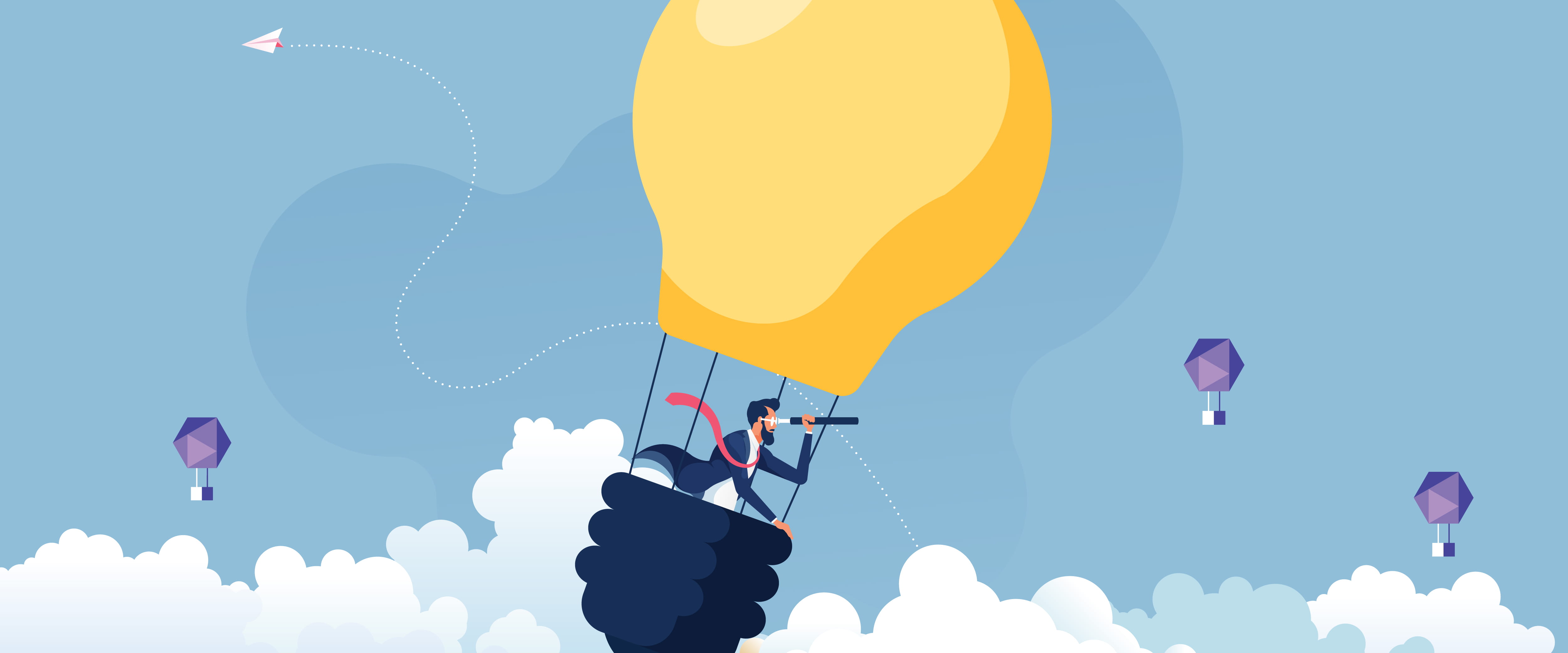 Person in a  lightbulb hot air balloon looking for ideas