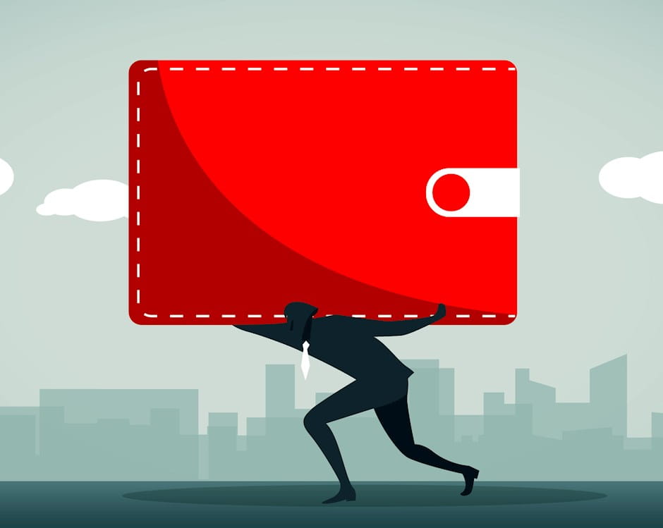 Man carrying an oversized wallet on his back