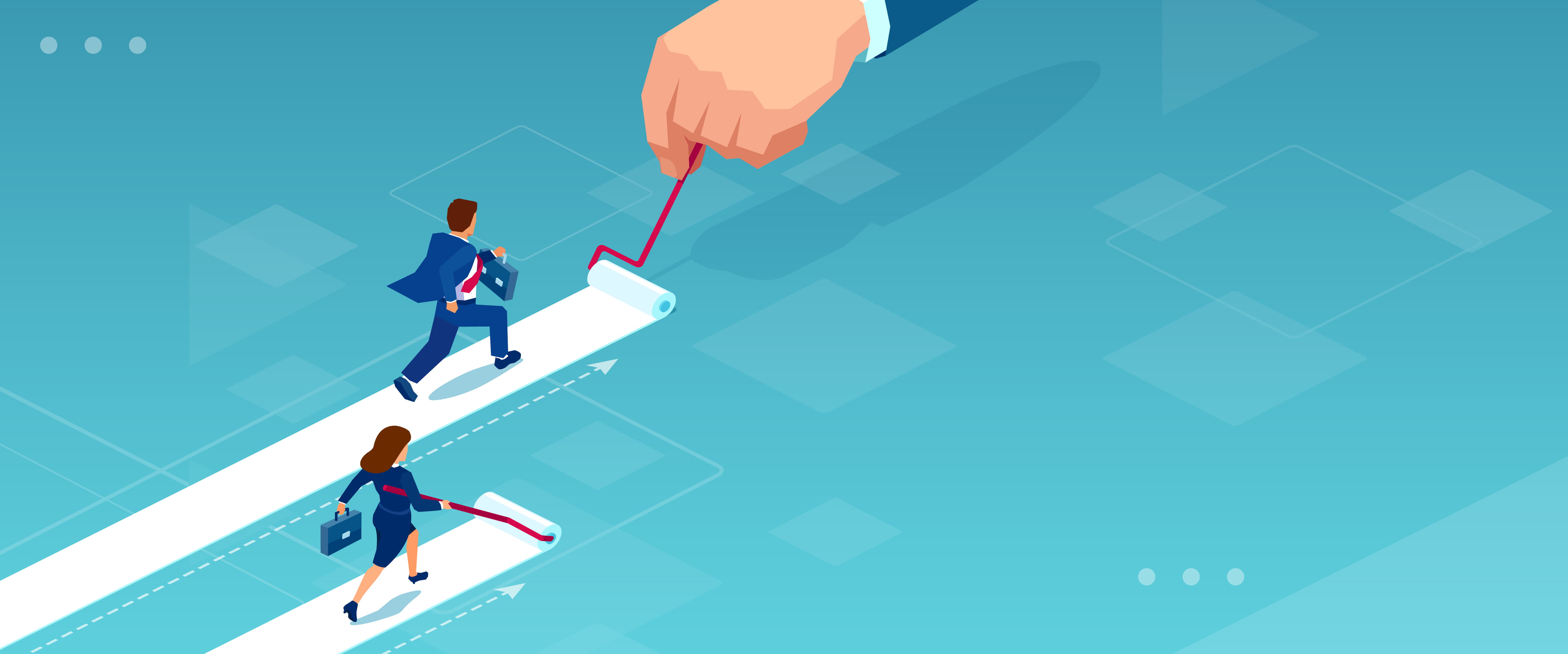 Hand painting a path for the man while the woman creates her own