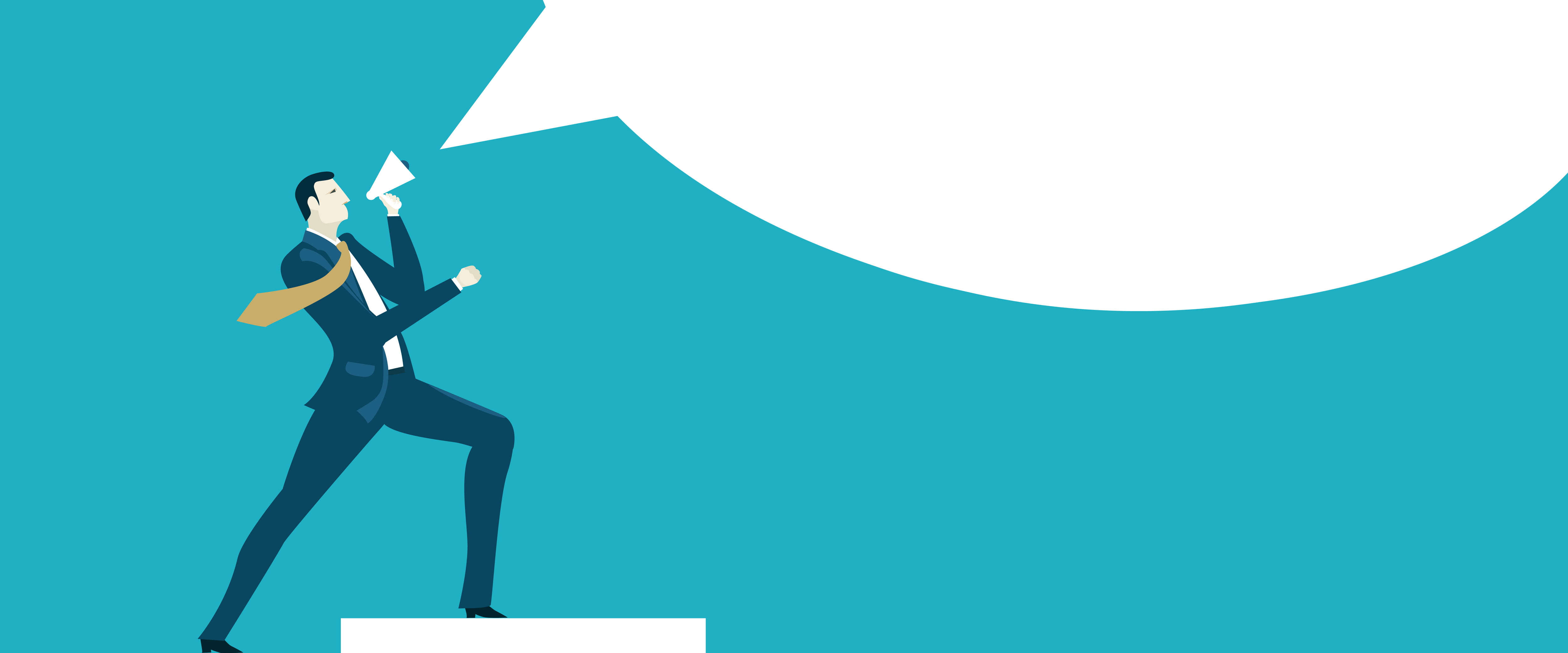 Man yelling into a megaphone with a speech bubble at the other end