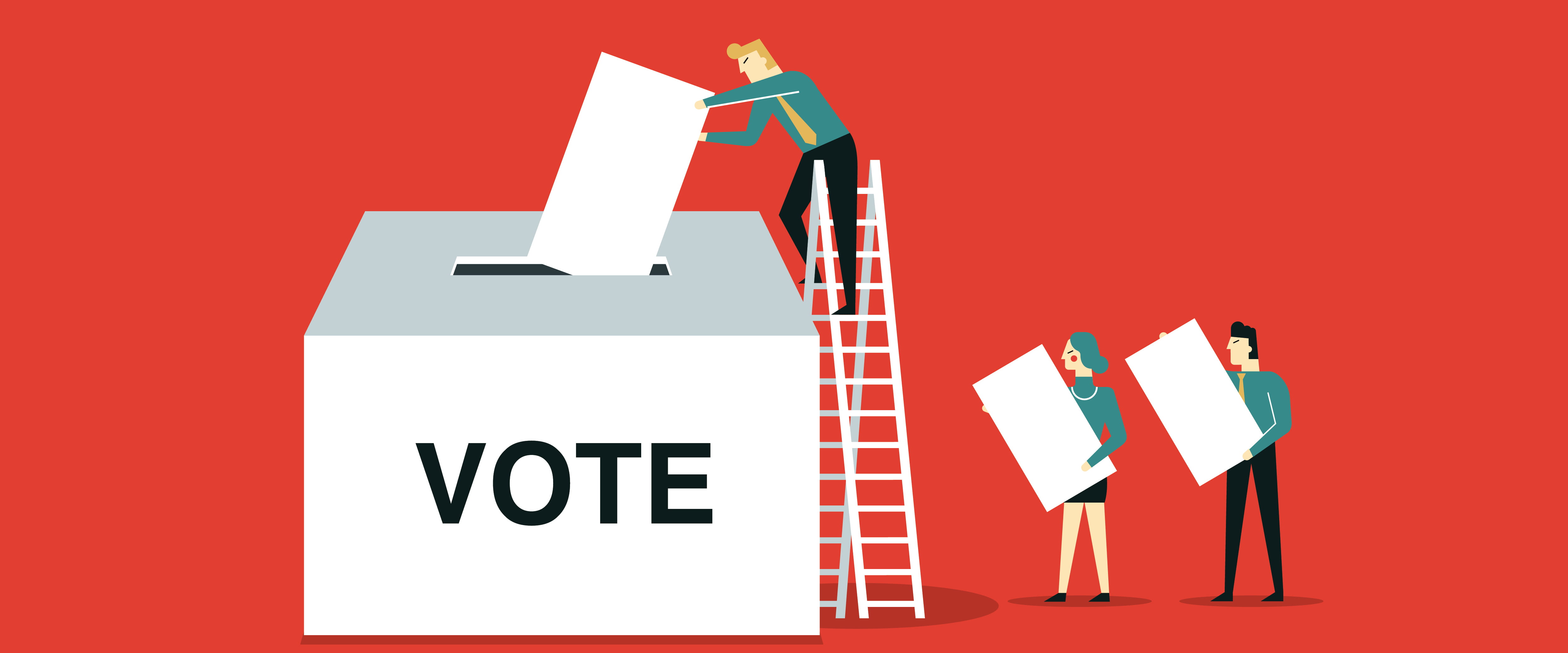 People climbing a ladder to put their vote in the box