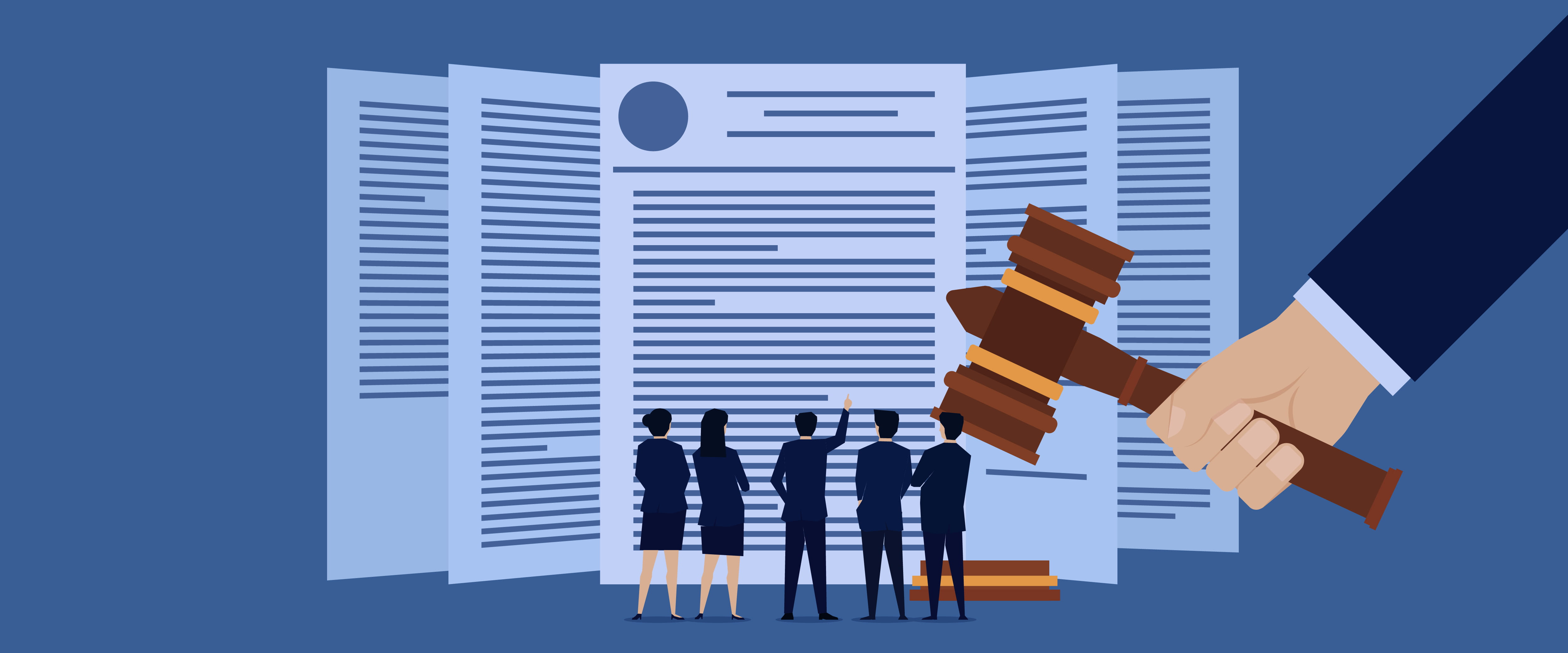 Person pounding the gavel as others read papers