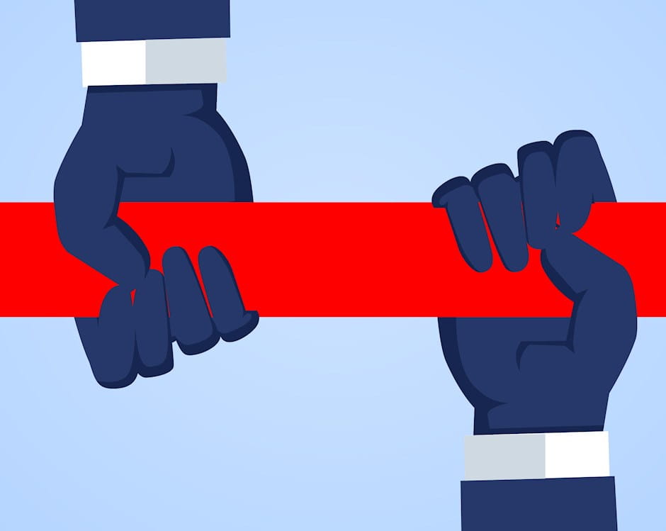 Hands holding a double sided arrow