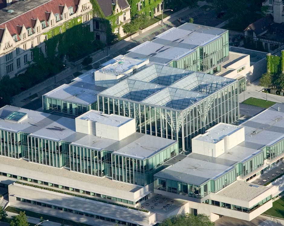 Drone shot of the Harper Center from above