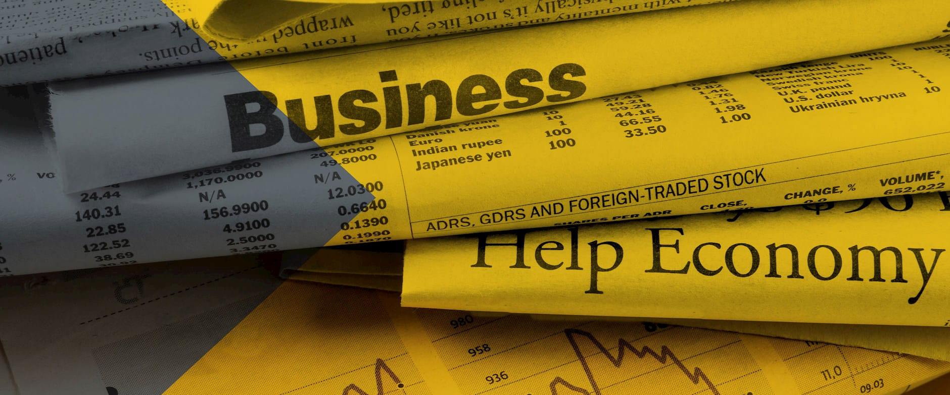 A pile of economic newspapers with headlines like "Business" and "Help Economy"