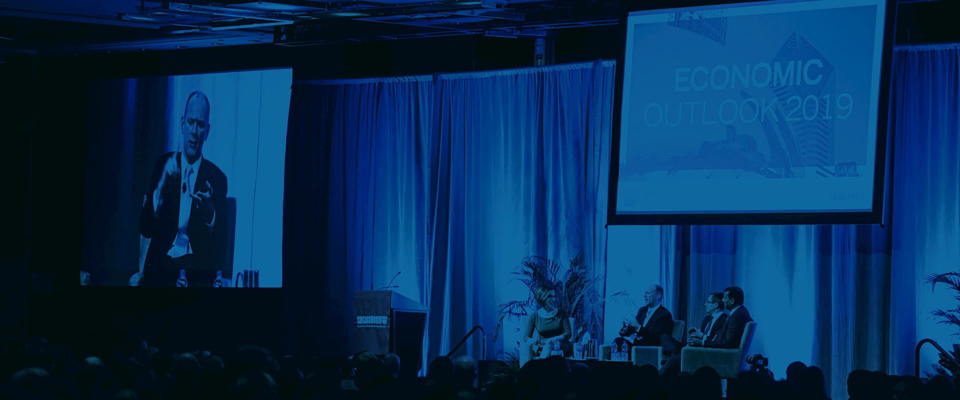 The stage at an Economic Outlook event in 2019