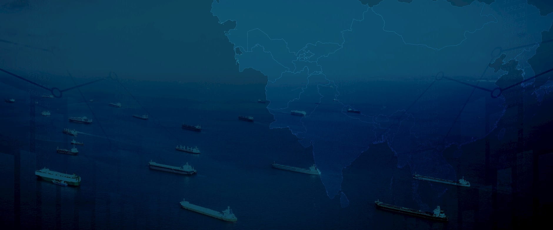A photo of transport ships waiting to dock with a map of Asia & financial charts on top