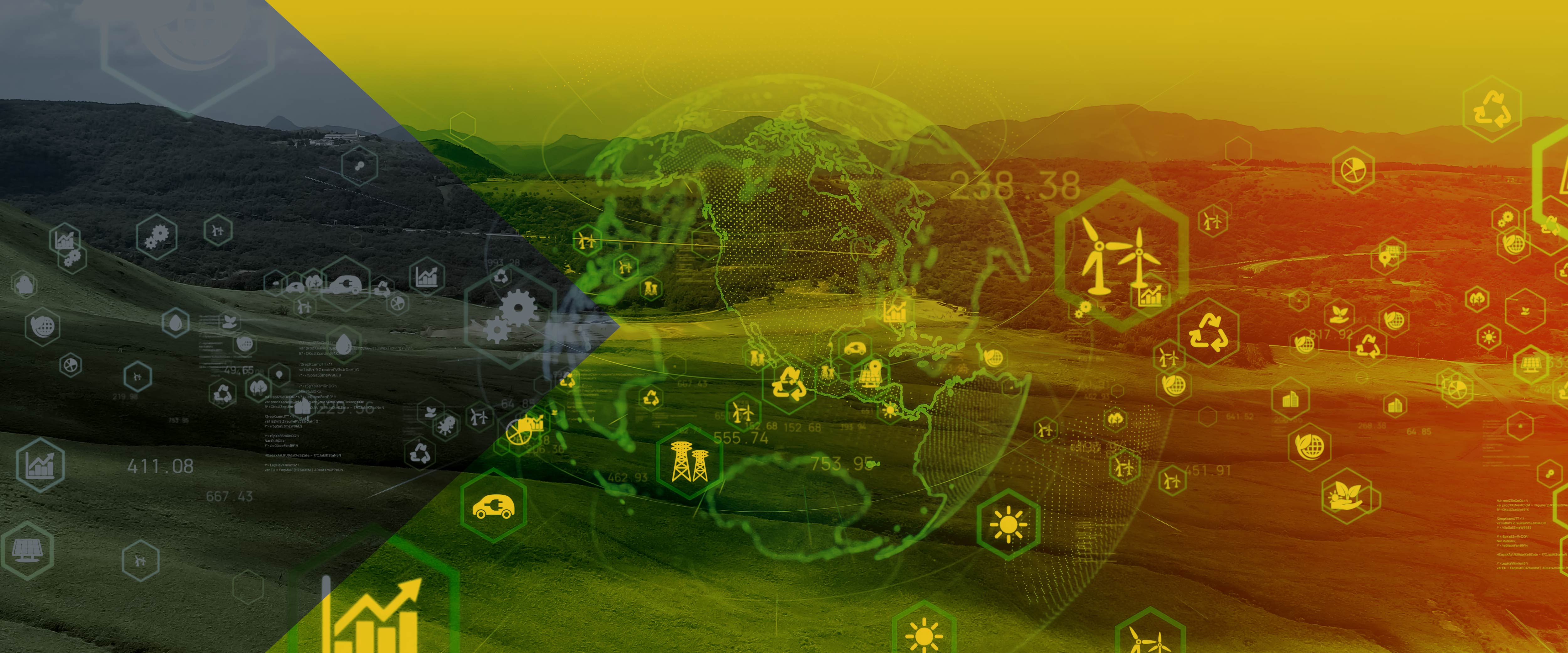A green and yellow globe illustrated over a picturesque hill surrounded by environmental and financial icons
