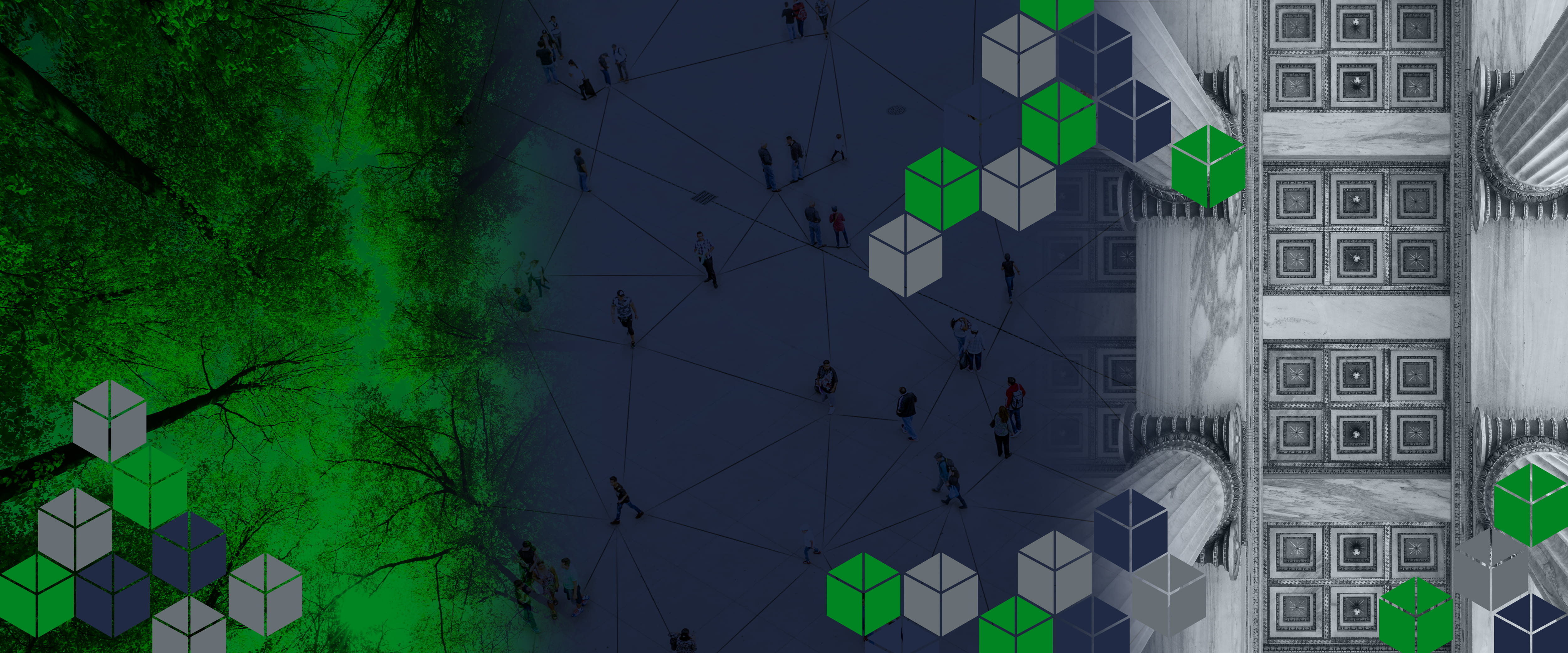 forest, people connected, and government building architecture with esg box branding and colors