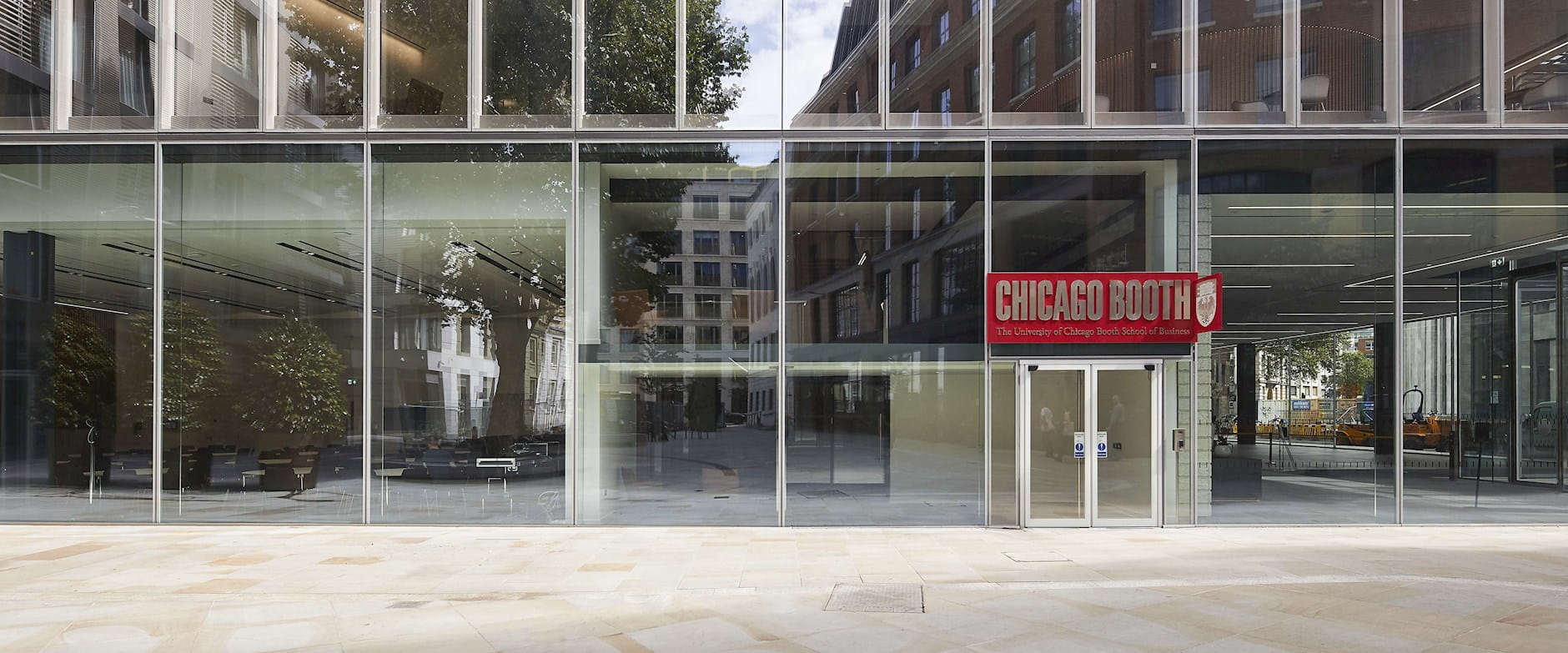Front view of the London Conference Centre entrance with "Chicago Booth" sign visible