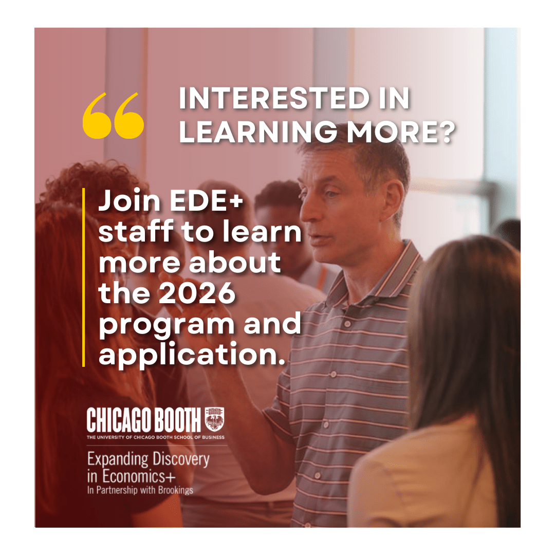 Picture of a faculty member speaking to a group of students. The picture is red-cast and overlaid with text that urges people to register for a program information session. 