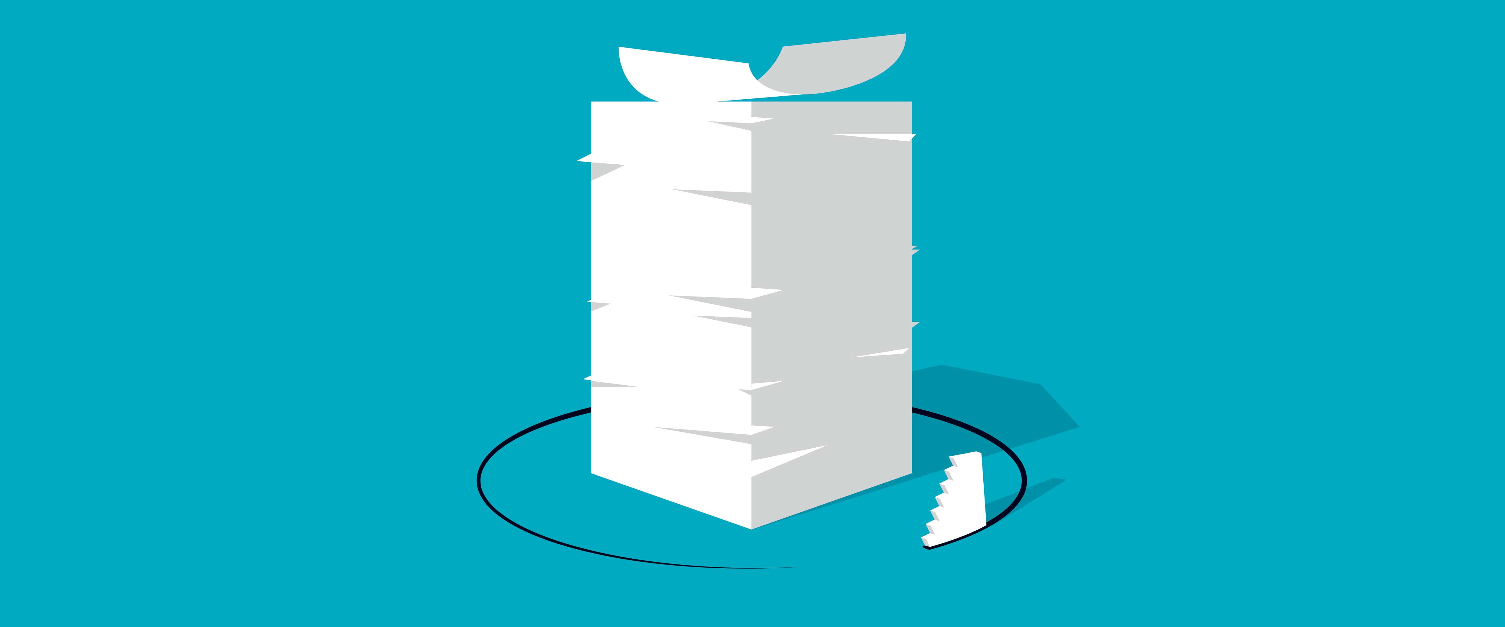 Illustration of a stack of papers sitting over a circle being cut by a saw