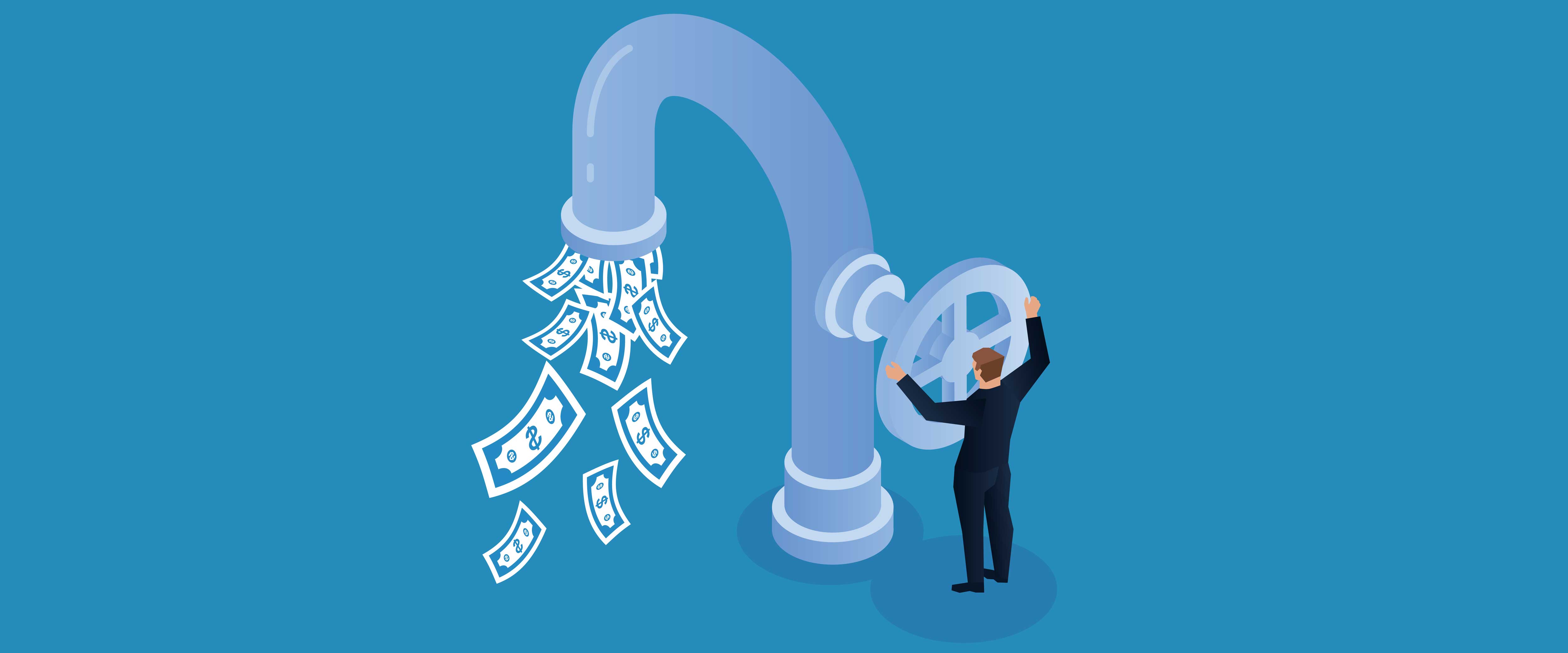 Illustration of a man turning off a faucet flowing money