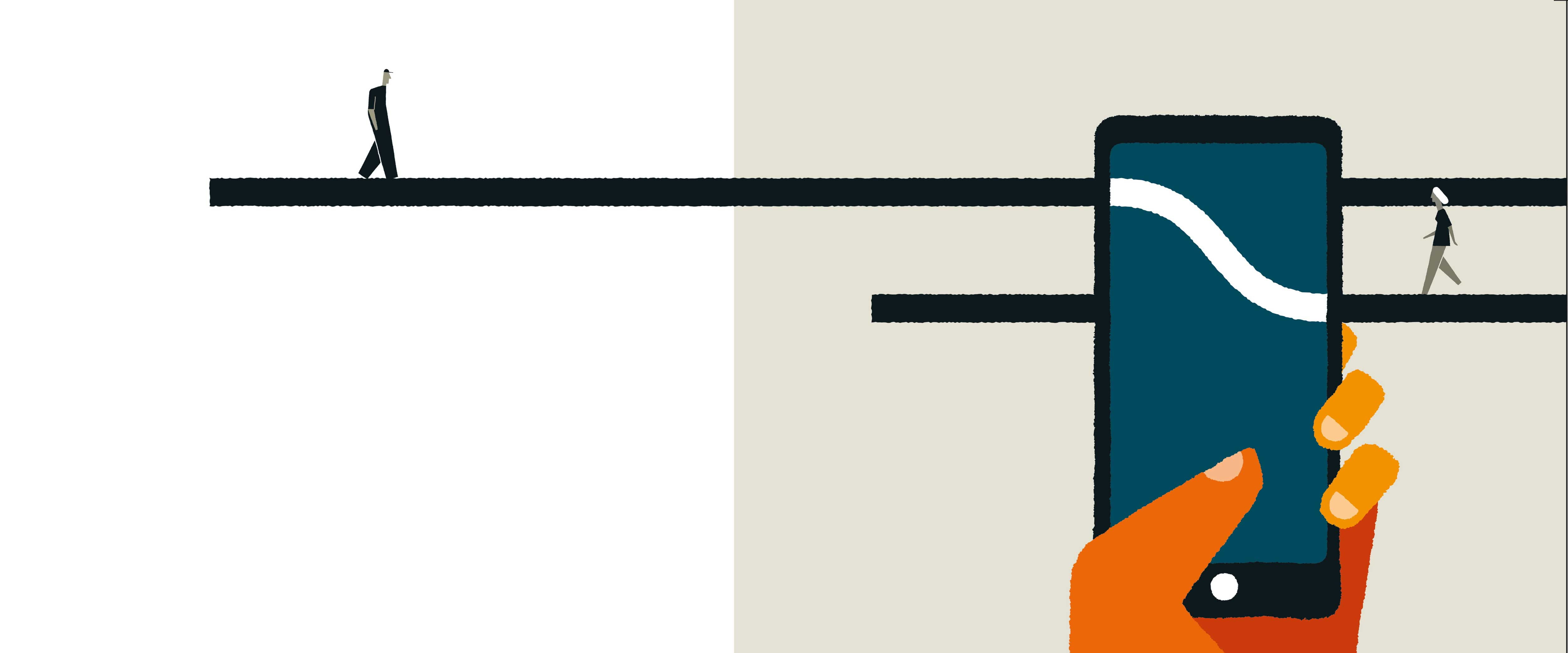 Illustration of a phone and people walking on paths it’s holding up