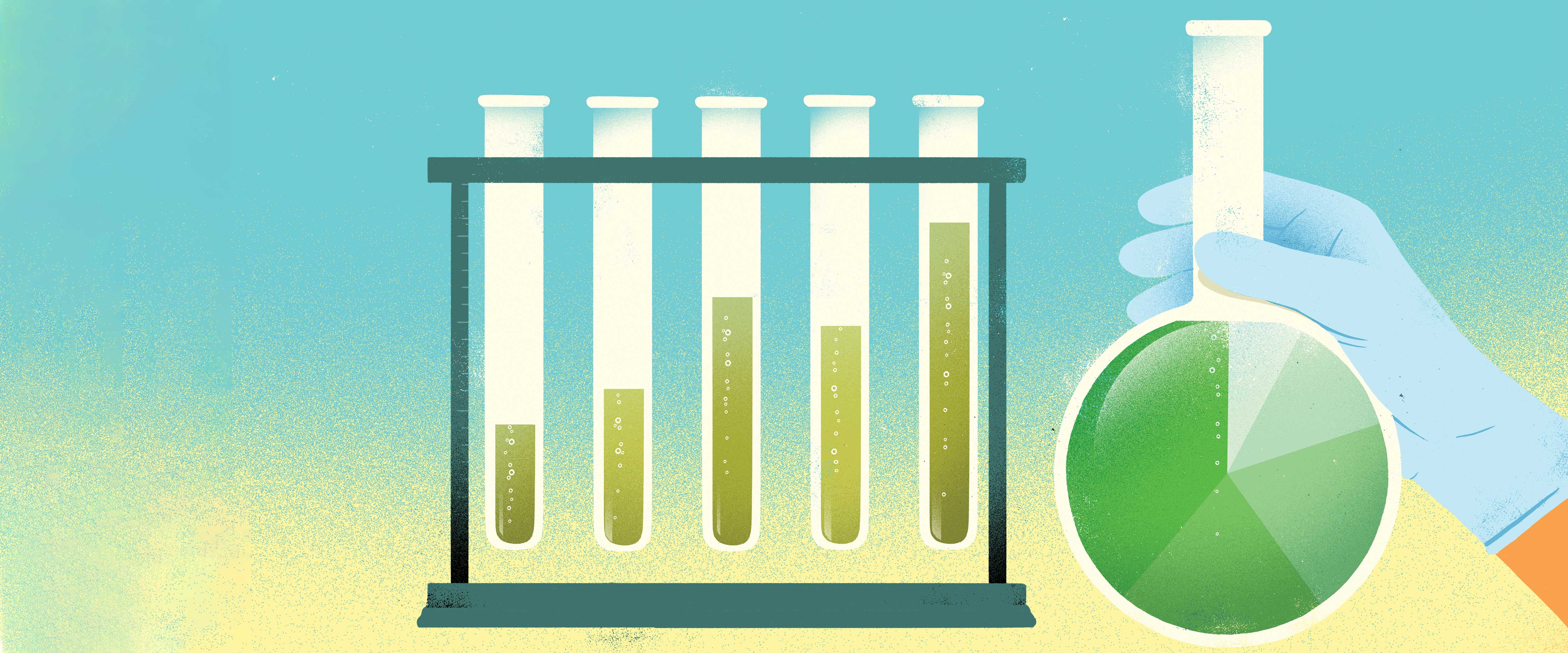 Illustration of a hand holding a beaker and test tubes