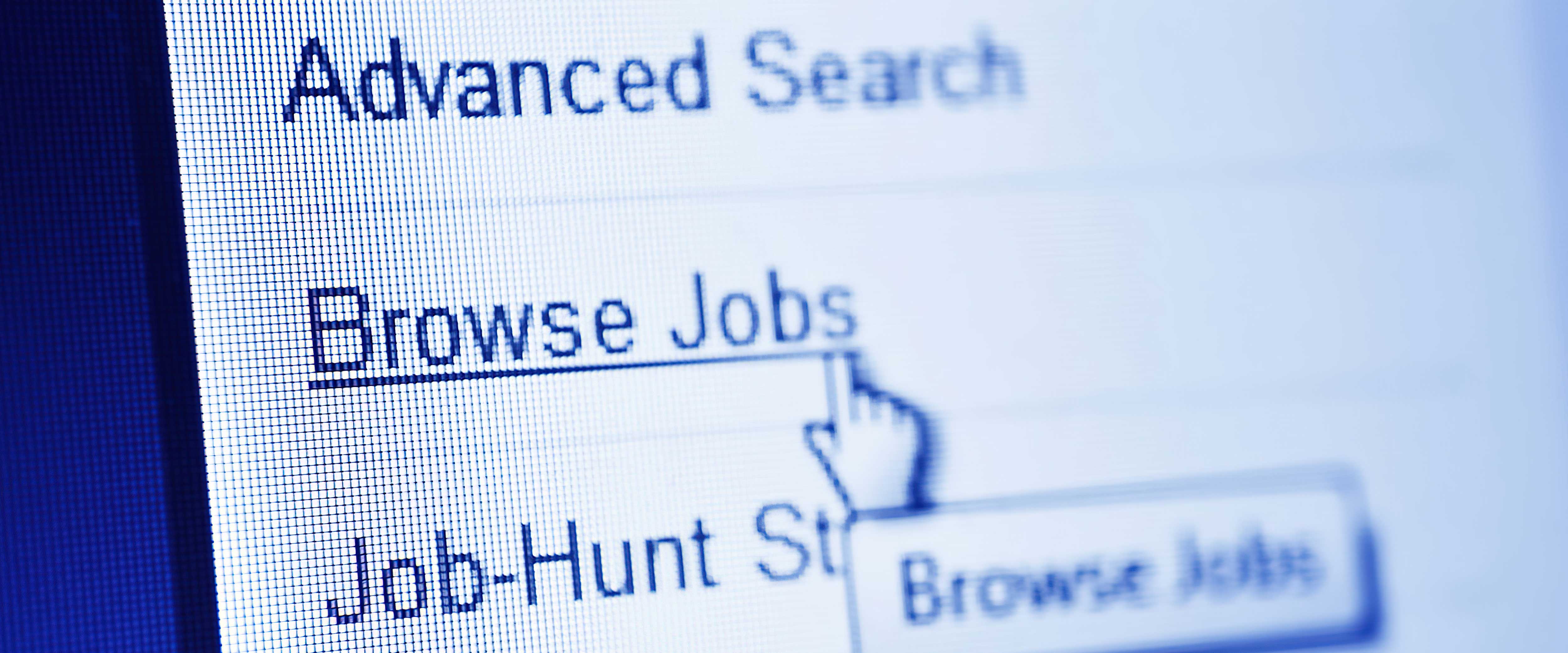Job search interface with the hand pointing at "Browse Jobs"