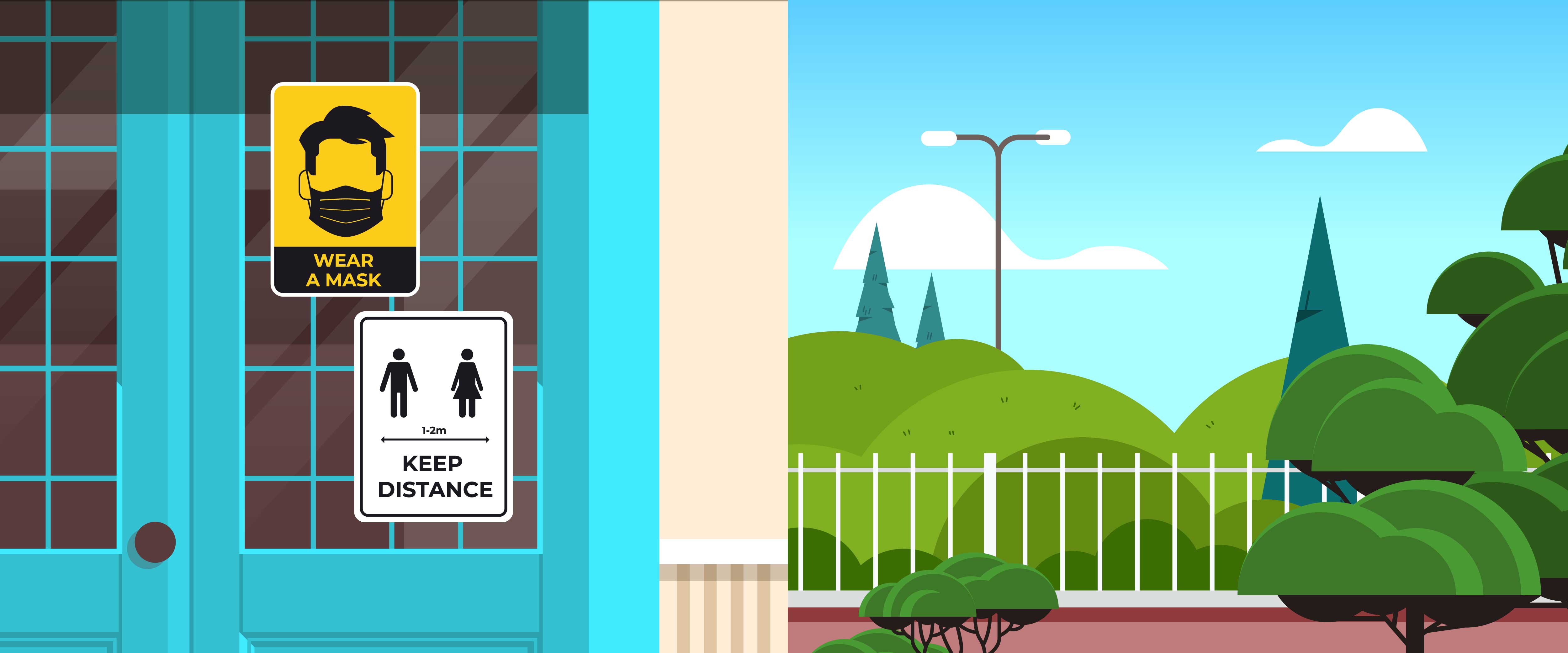 Illustration of a store entrance with covid signage