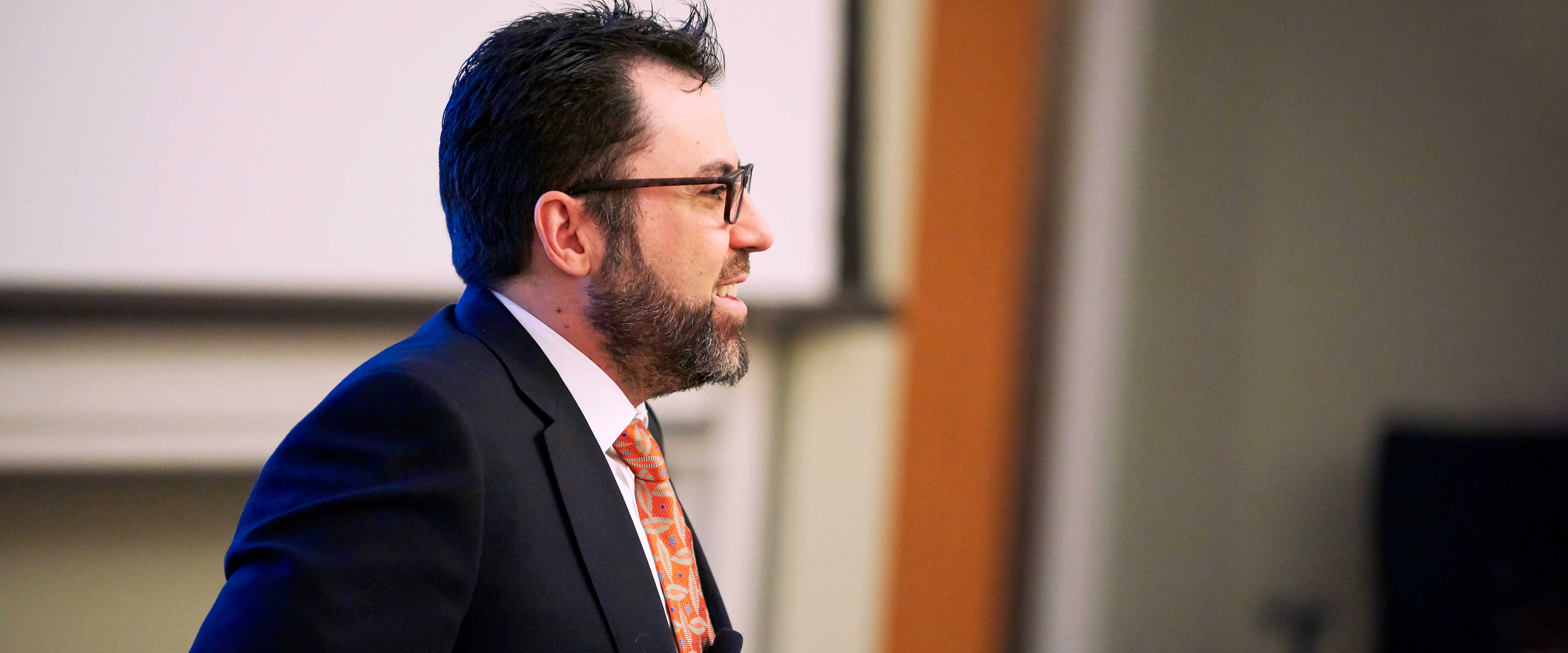 Dan Adelman lecturing in a Harper classroom