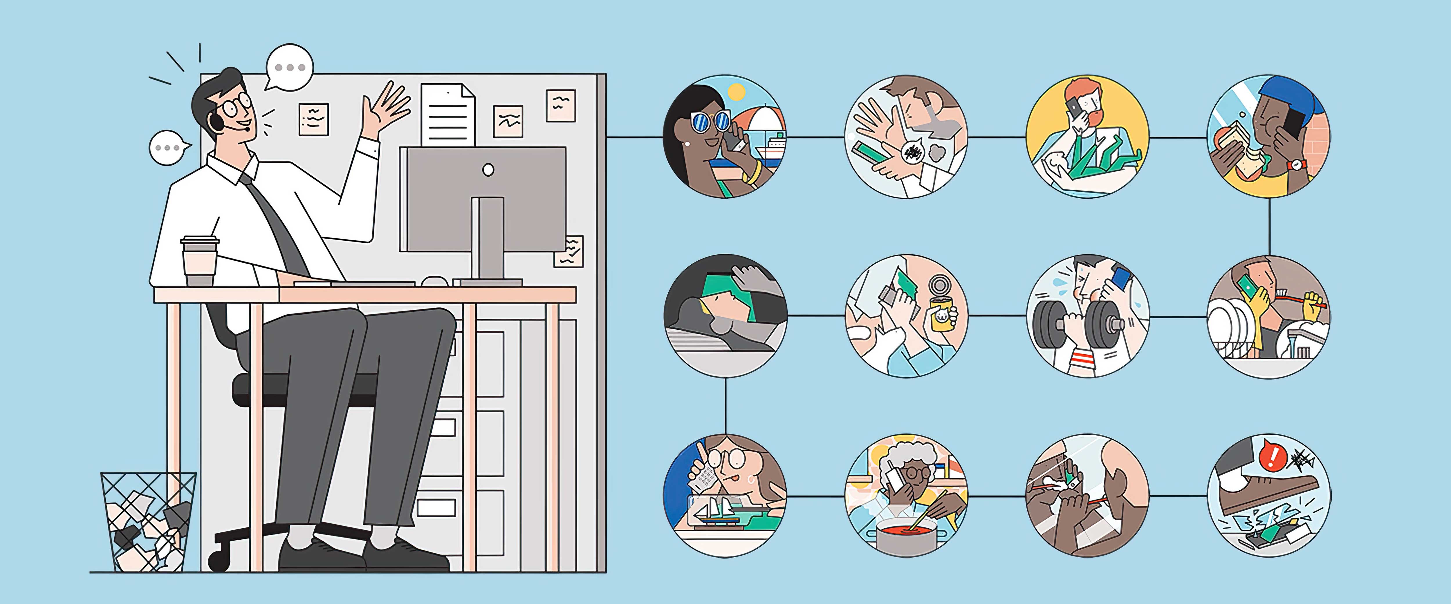 Illustration of a cubicle worker on the phone with customers