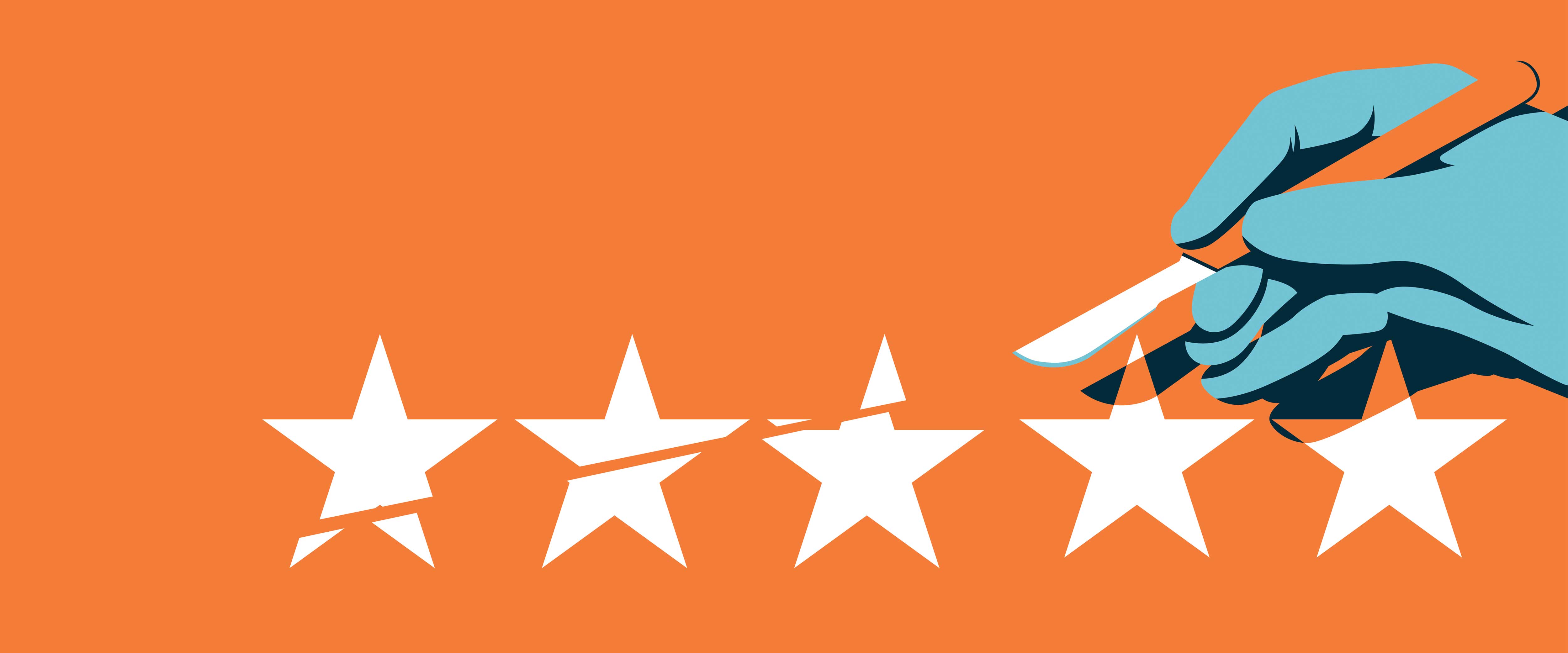 Illustration of a hand holding a scalpel cutting through stars