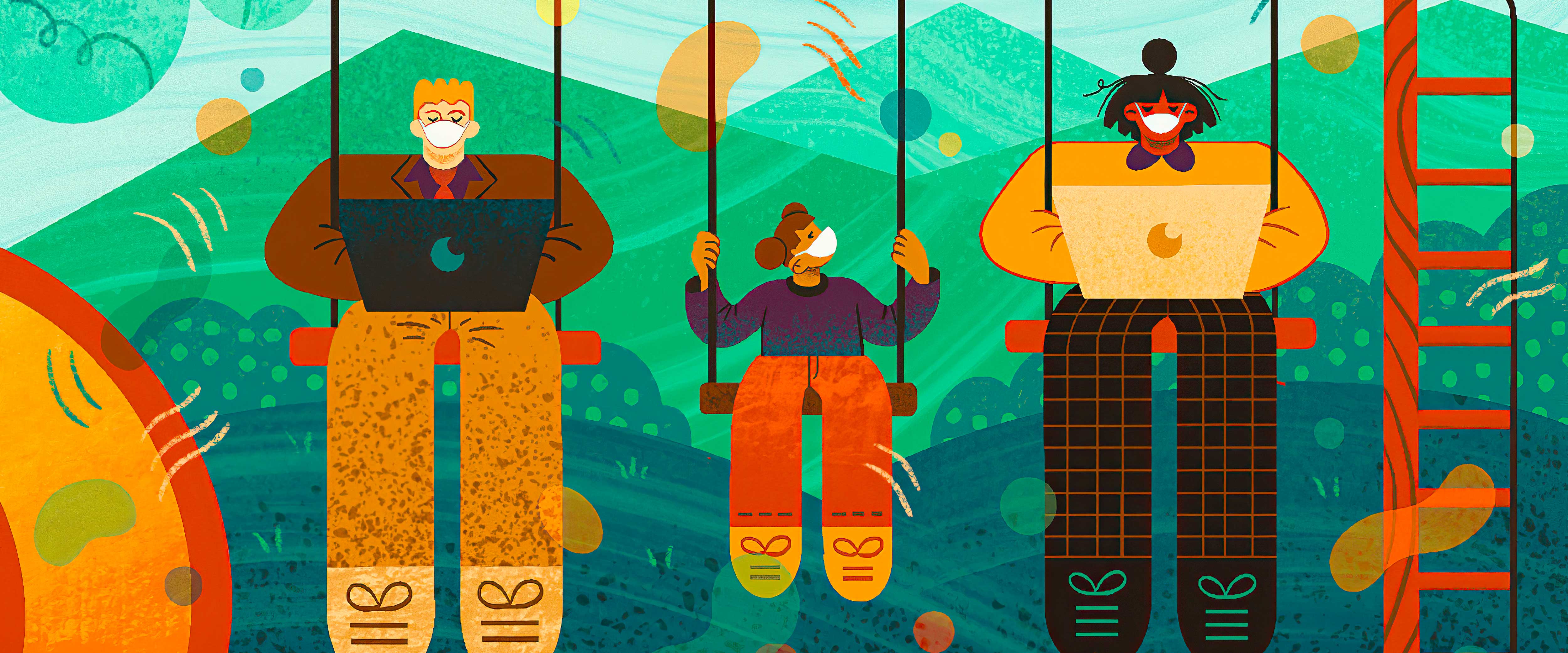 Illustration of a family working with laptops on a swing set with the kid between