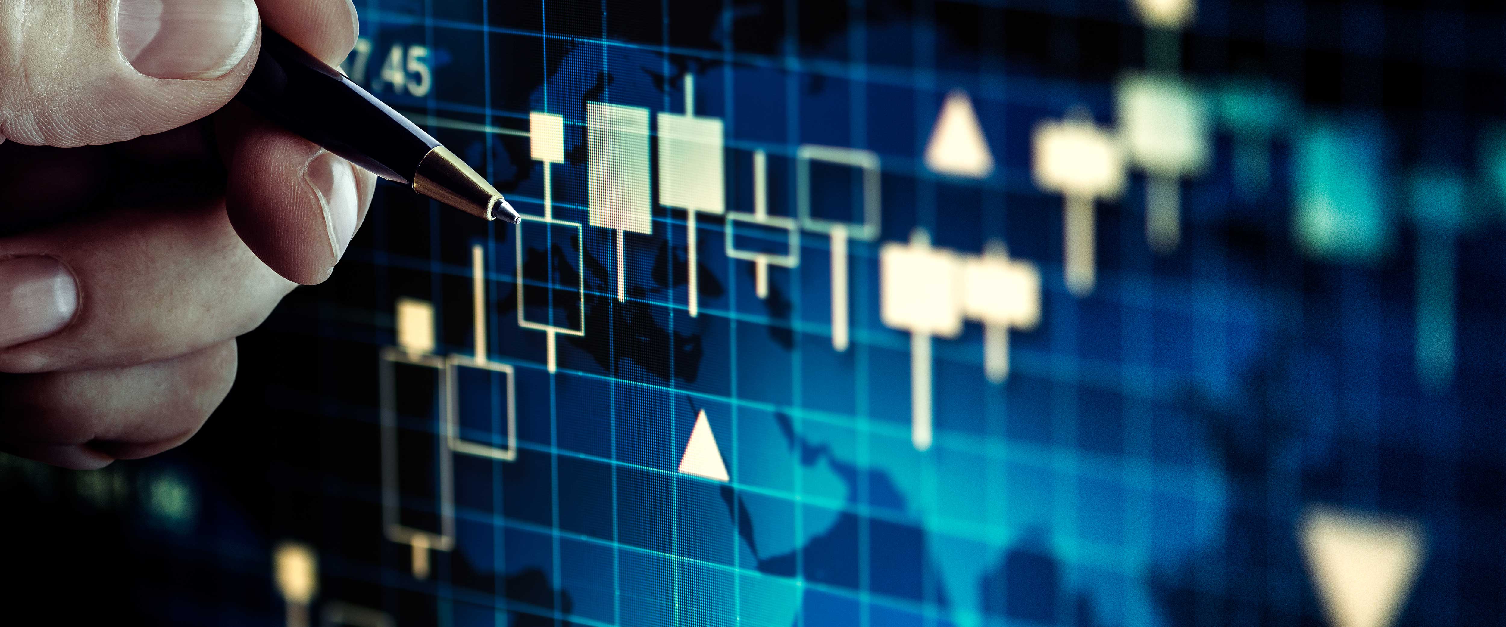 Online chart with person pointing to a segment