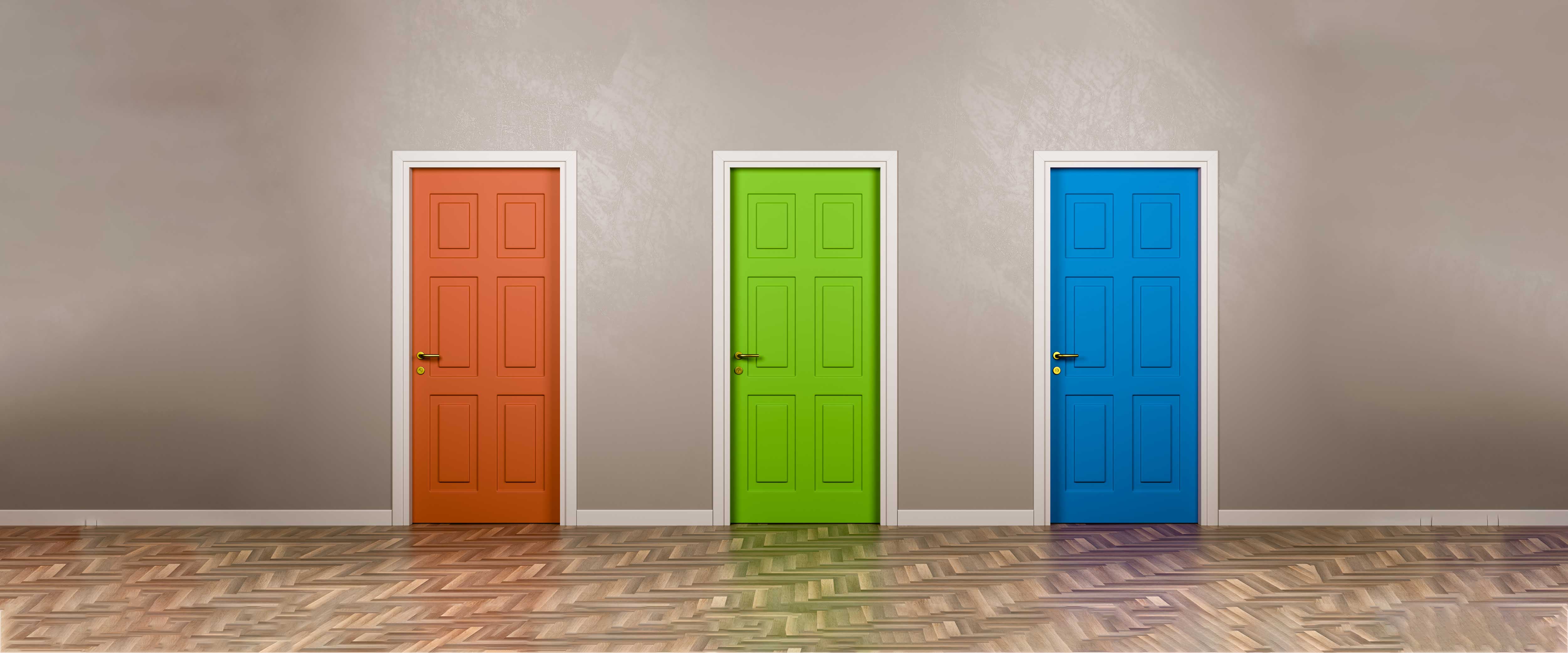 Three doors, each one a different color to reflect choice