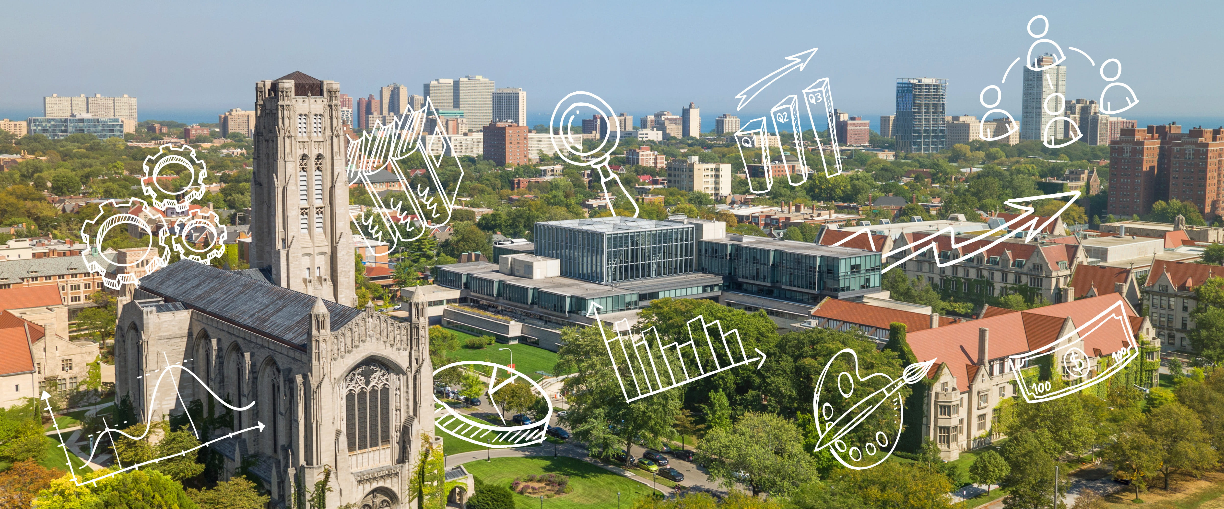 Chicago Booth Hyde Park campus with masters icons