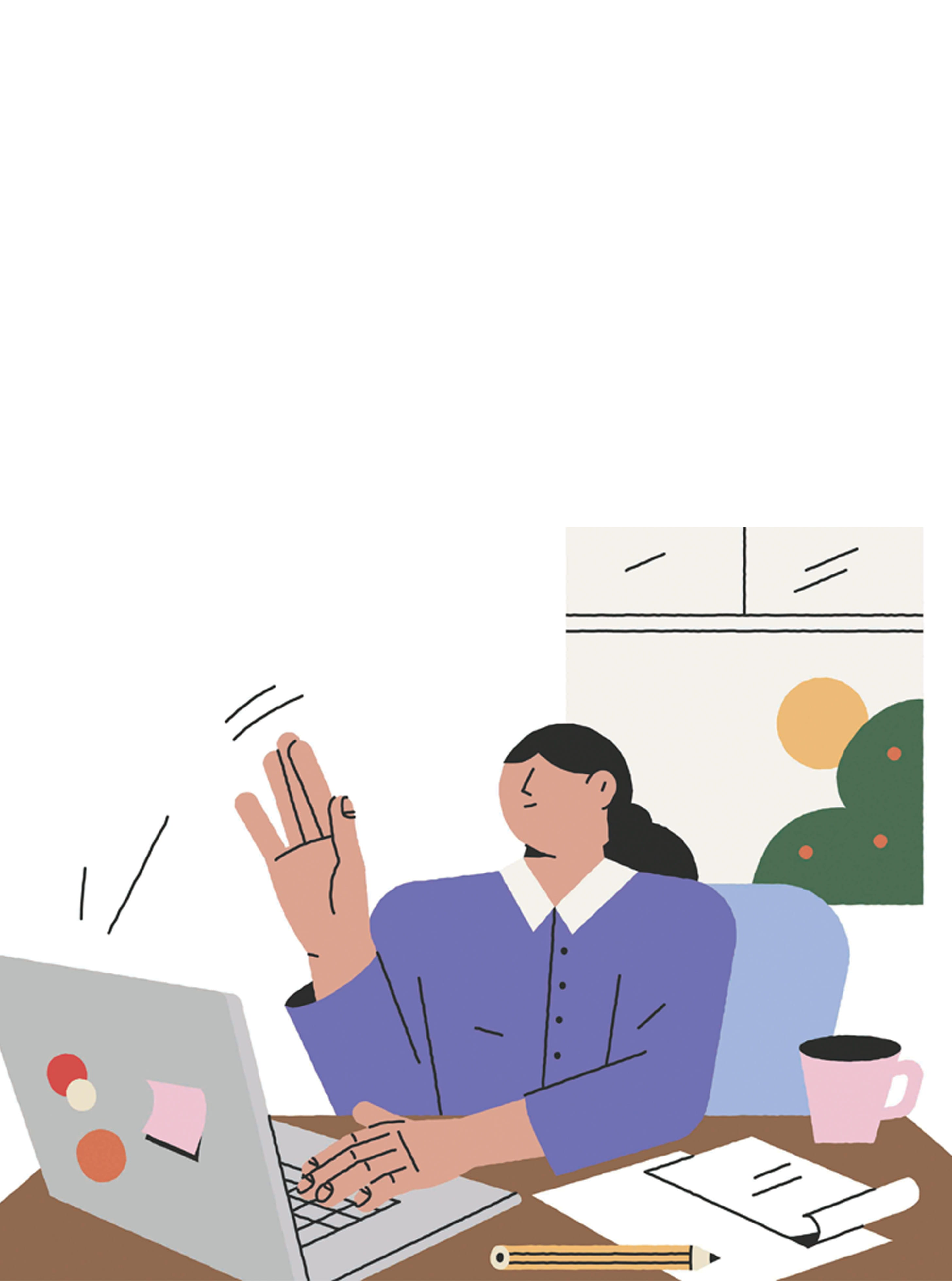 Woman on a laptop raising her hand waving to the camera