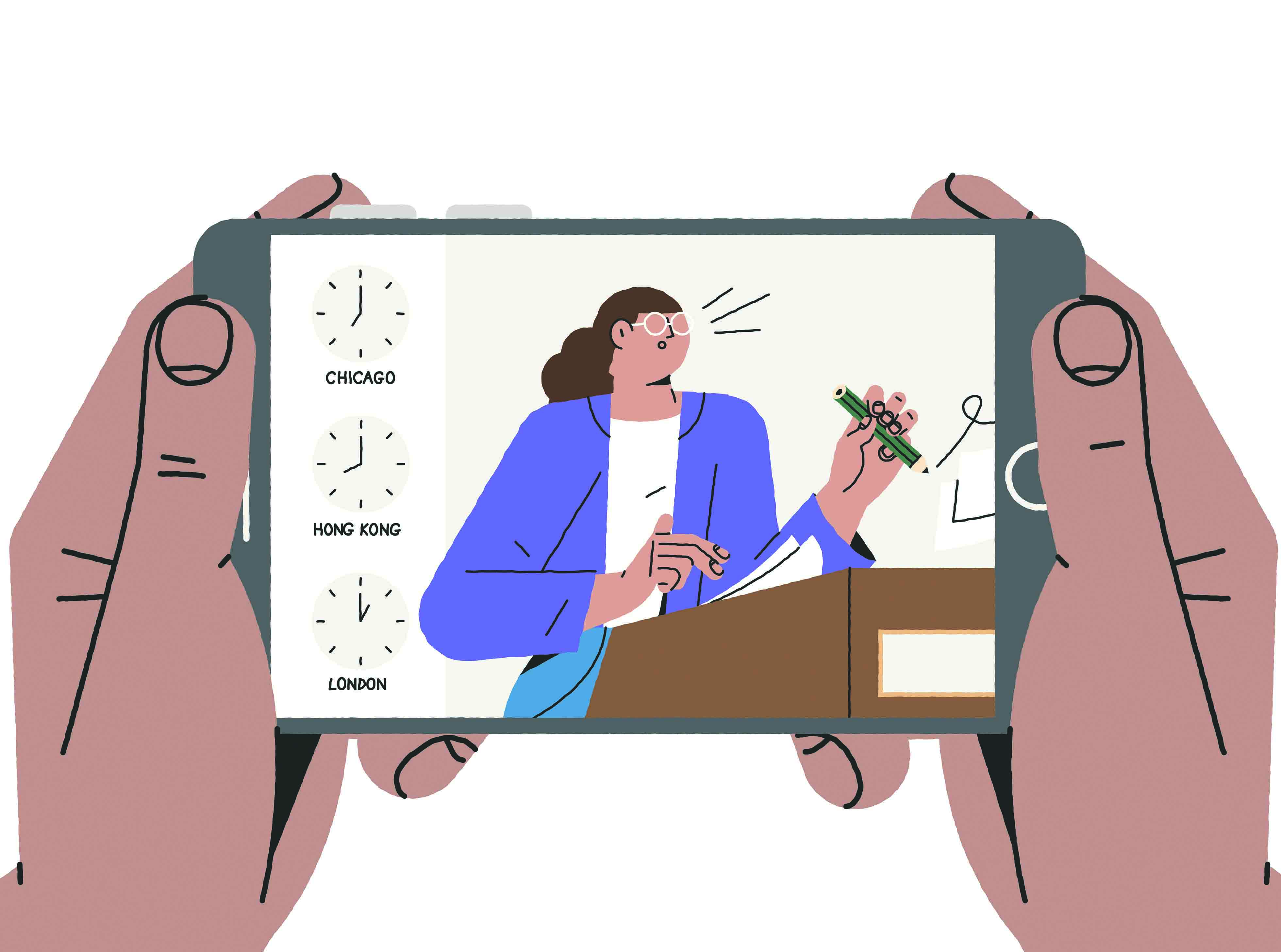 Hands holding a cell phone watching a woman speak in multiple time zones