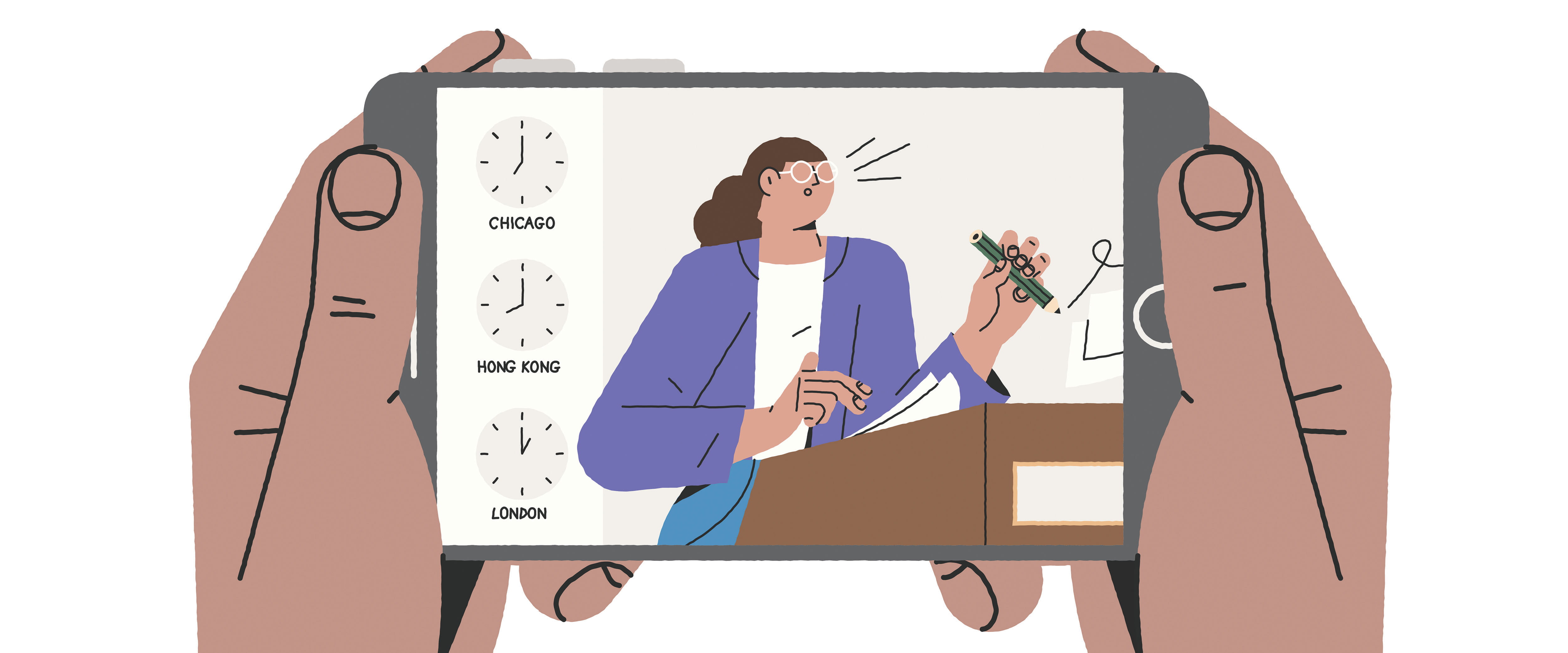 Hands holding a cell phone watching a woman speak in multiple time zones