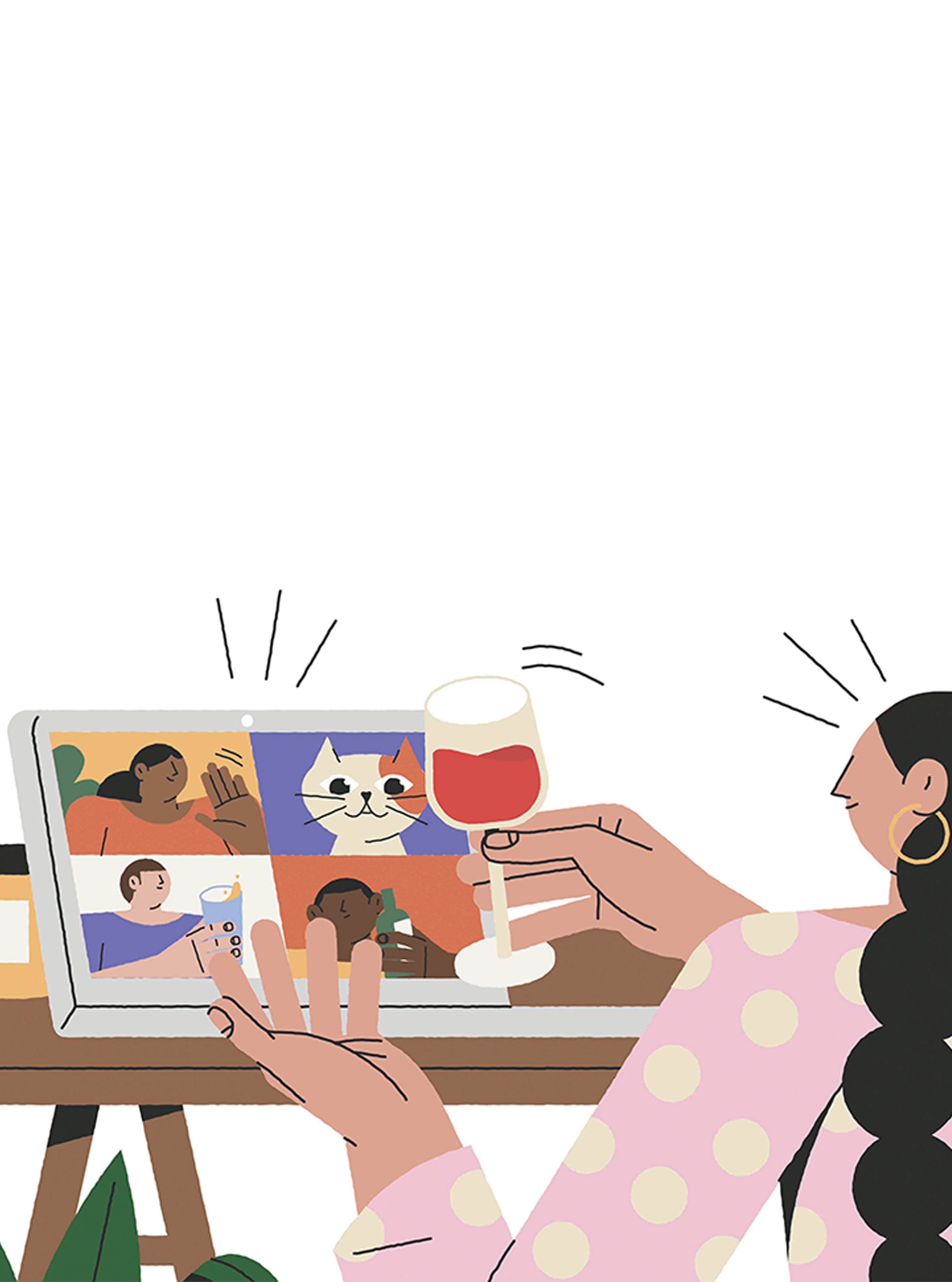 Woman toasting people on an online call with a glass of wine