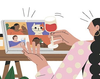 Woman toasting people on an online call with a glass of wine