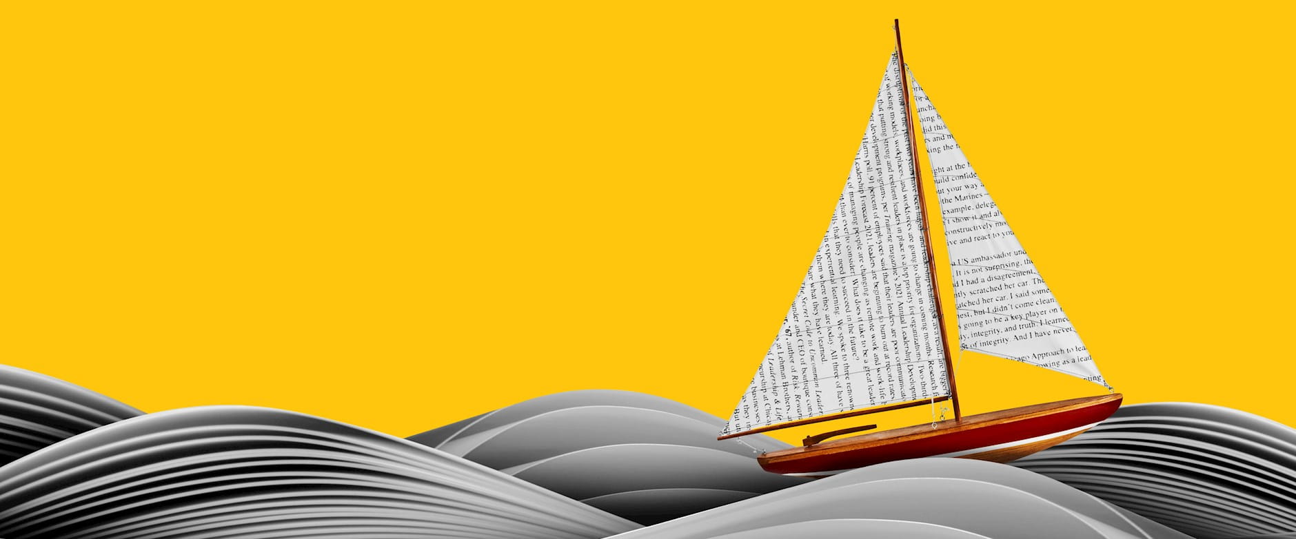 Paper boat sailing on a sea of book pages