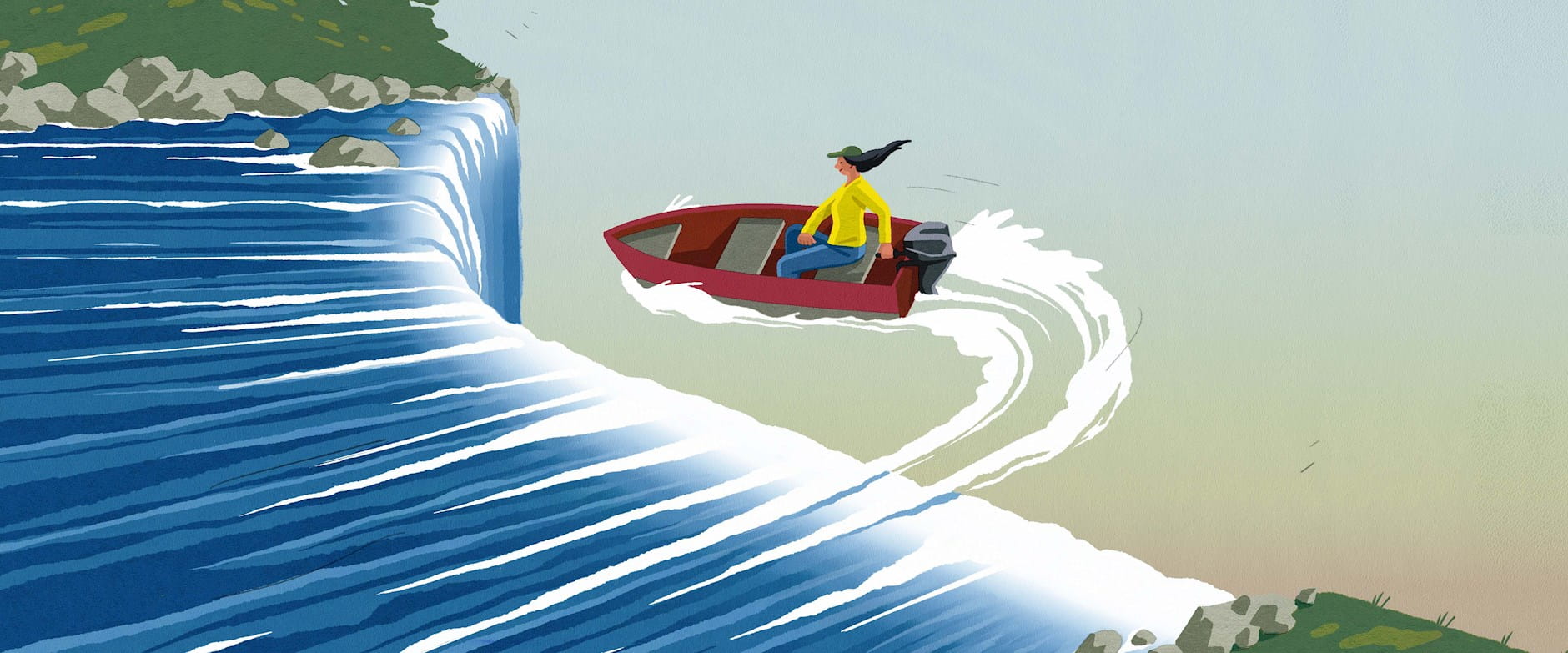 Illustration of person turning around after driving off waterfall in a boat