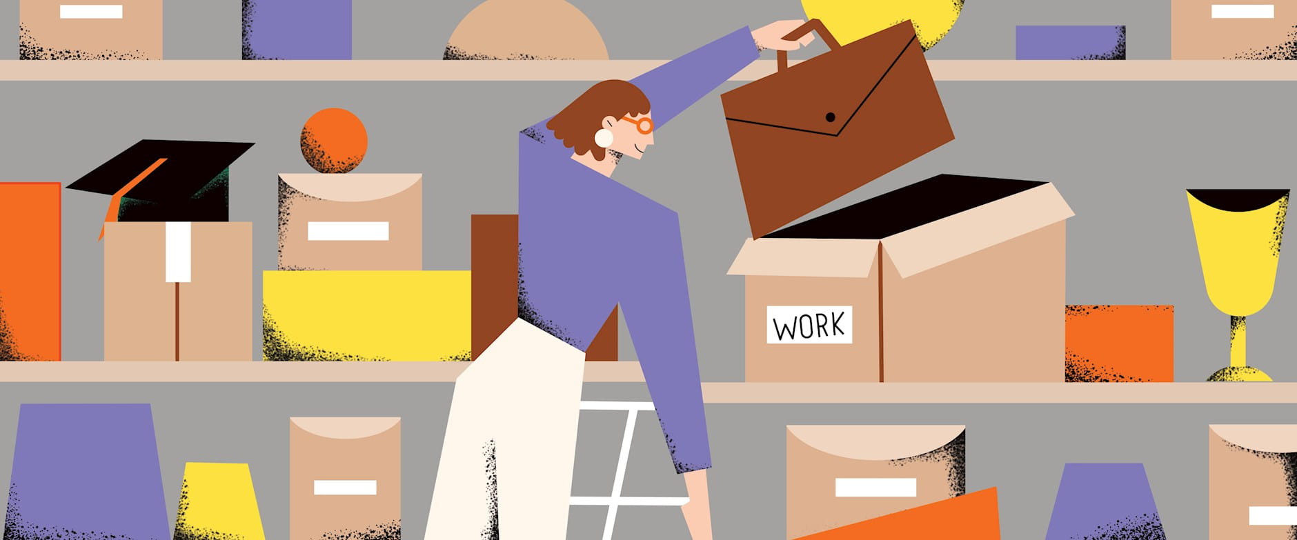 Illustration of woman putting work bag in storage