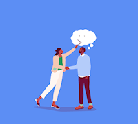Illustration of woman adding a smiling to a man's thought bubble