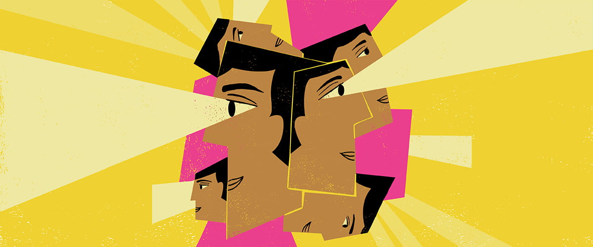 Digitally illustrated side profiles with beams of light from eyes