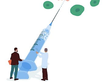 Digital illustration of two people using a giant syringe to defeat cancer
