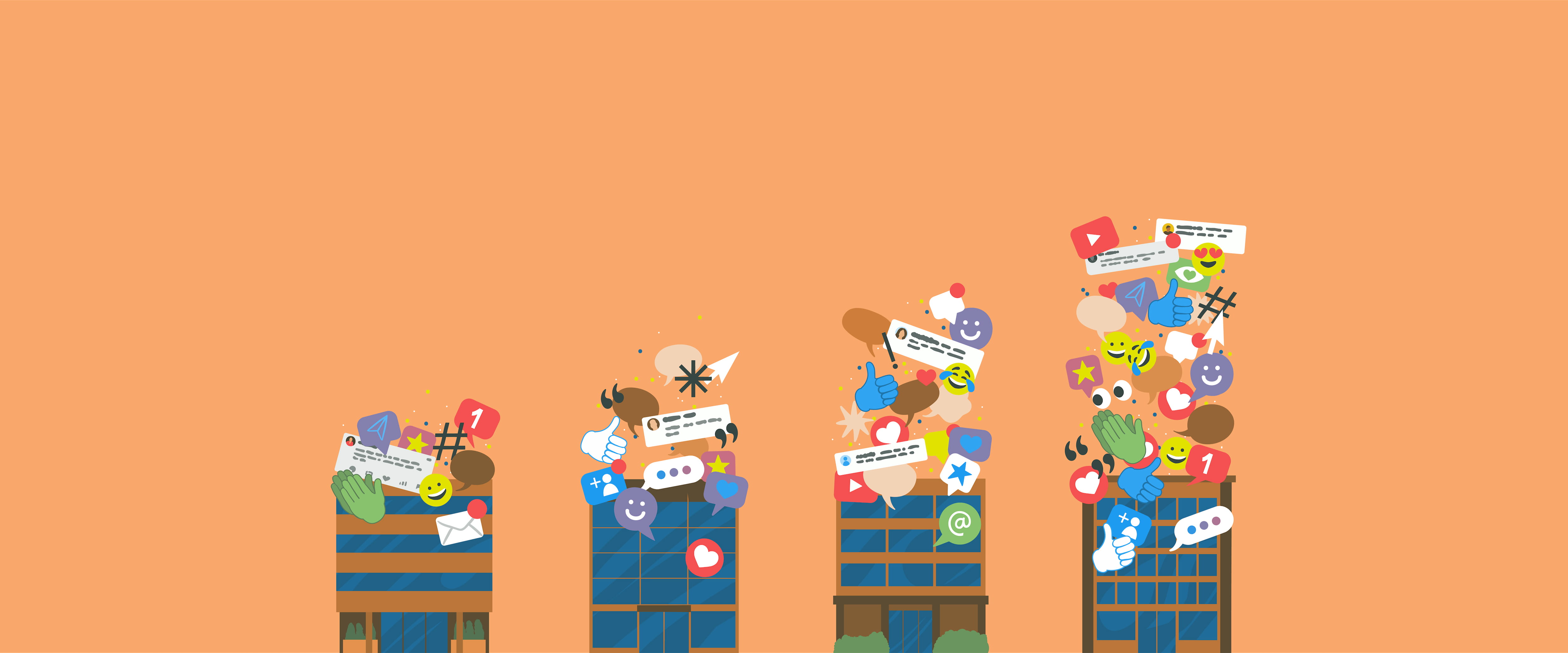 Illustration of four buildings and digital consumption