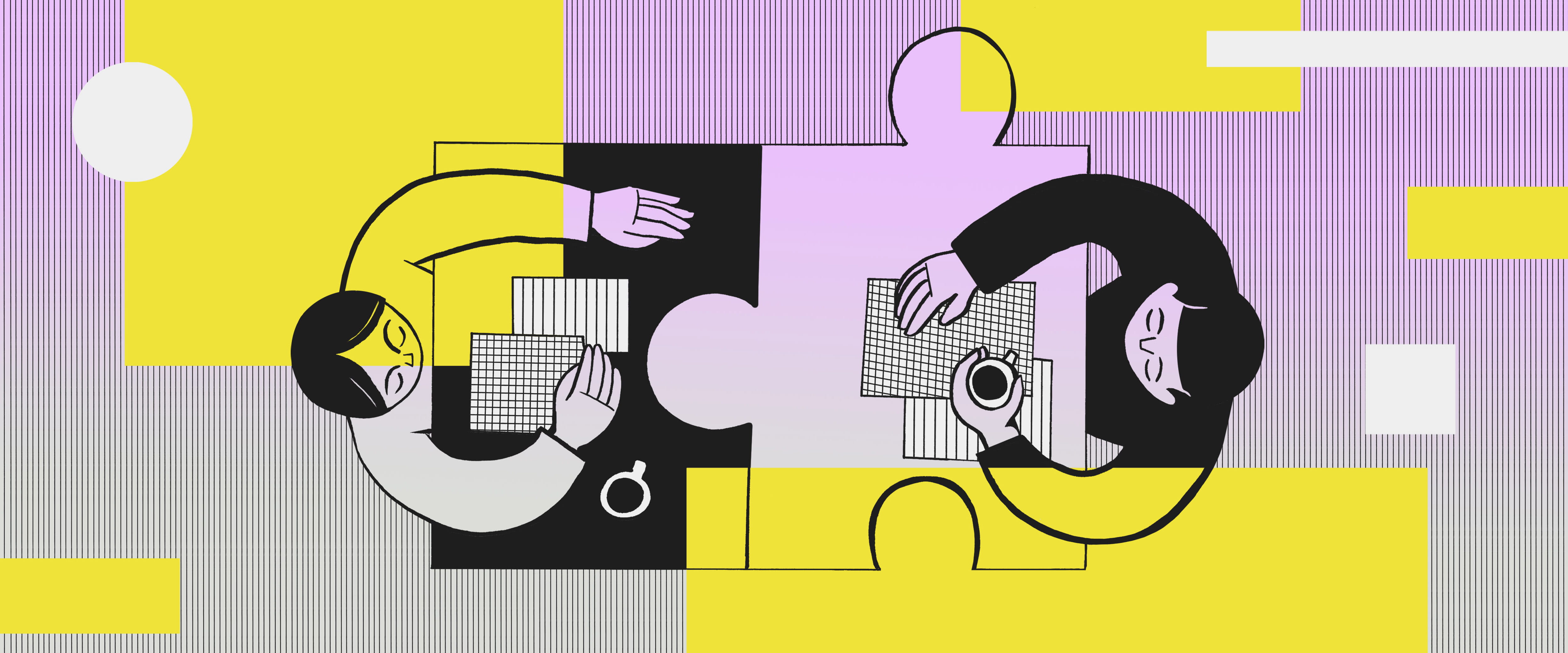 Illustration of two people sitting in a puzzle table, socializing