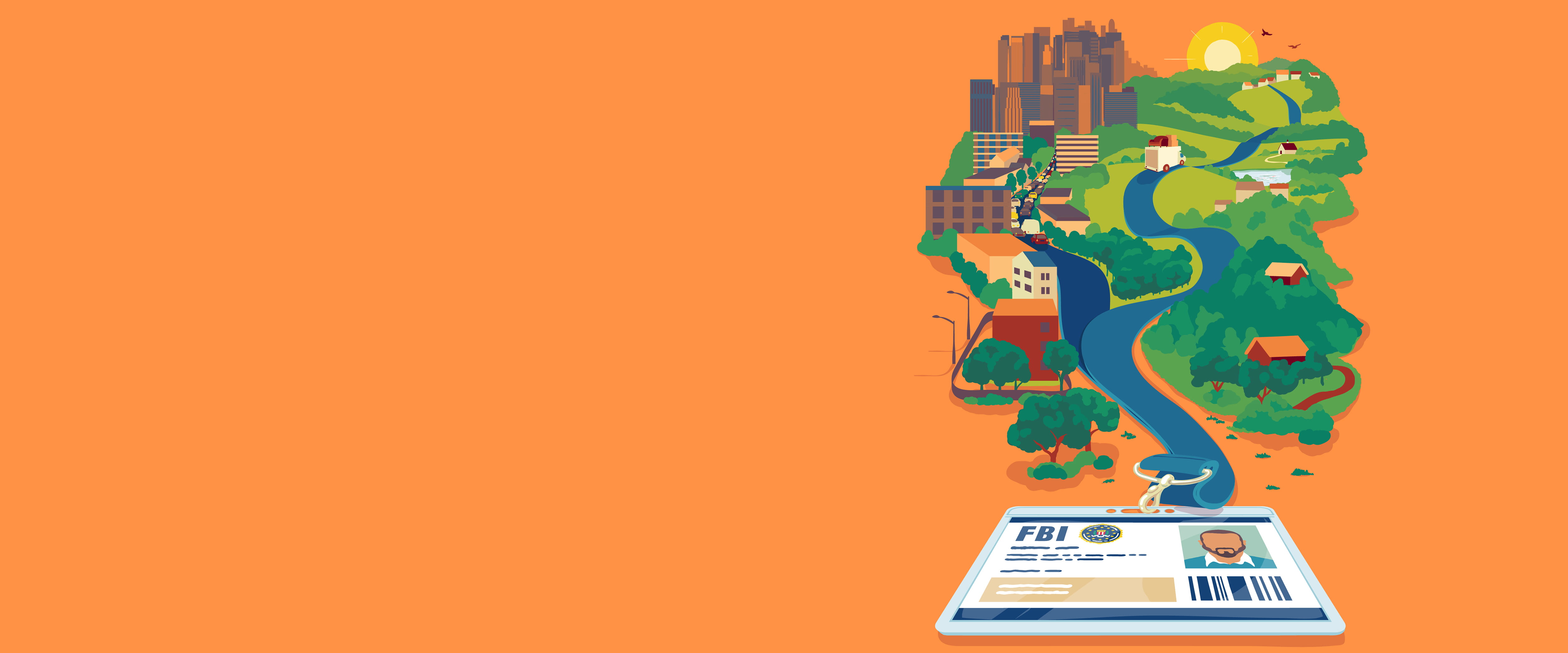 An illustration of an FBI ID badge leading to a river and a city.