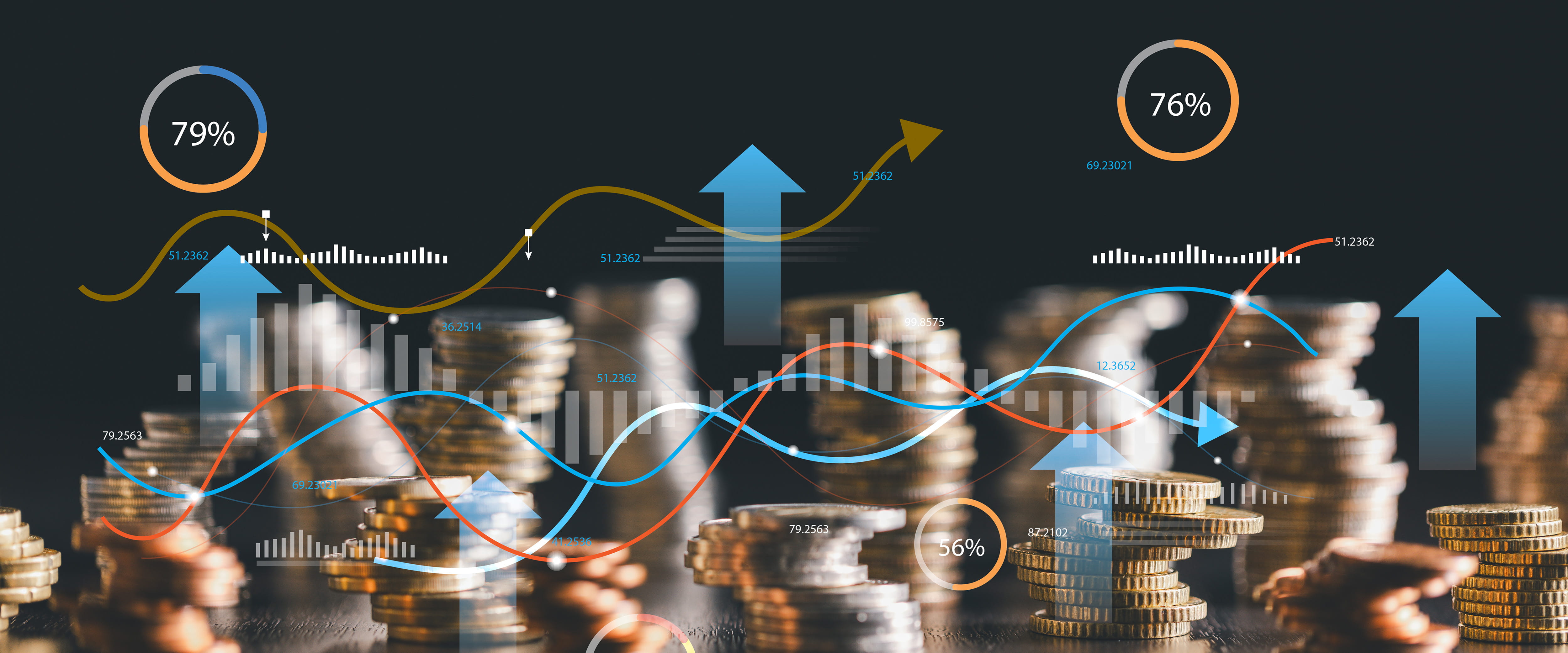 Image of stacked coins with graph and percentage overlays to represent asset management
