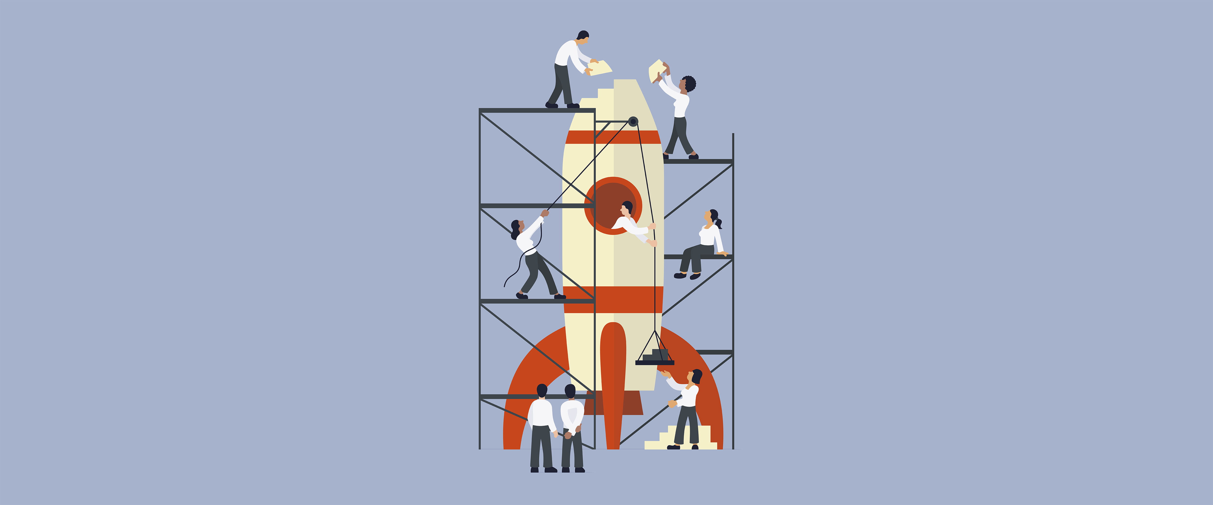 Illustration of a team of workers building a rocket.