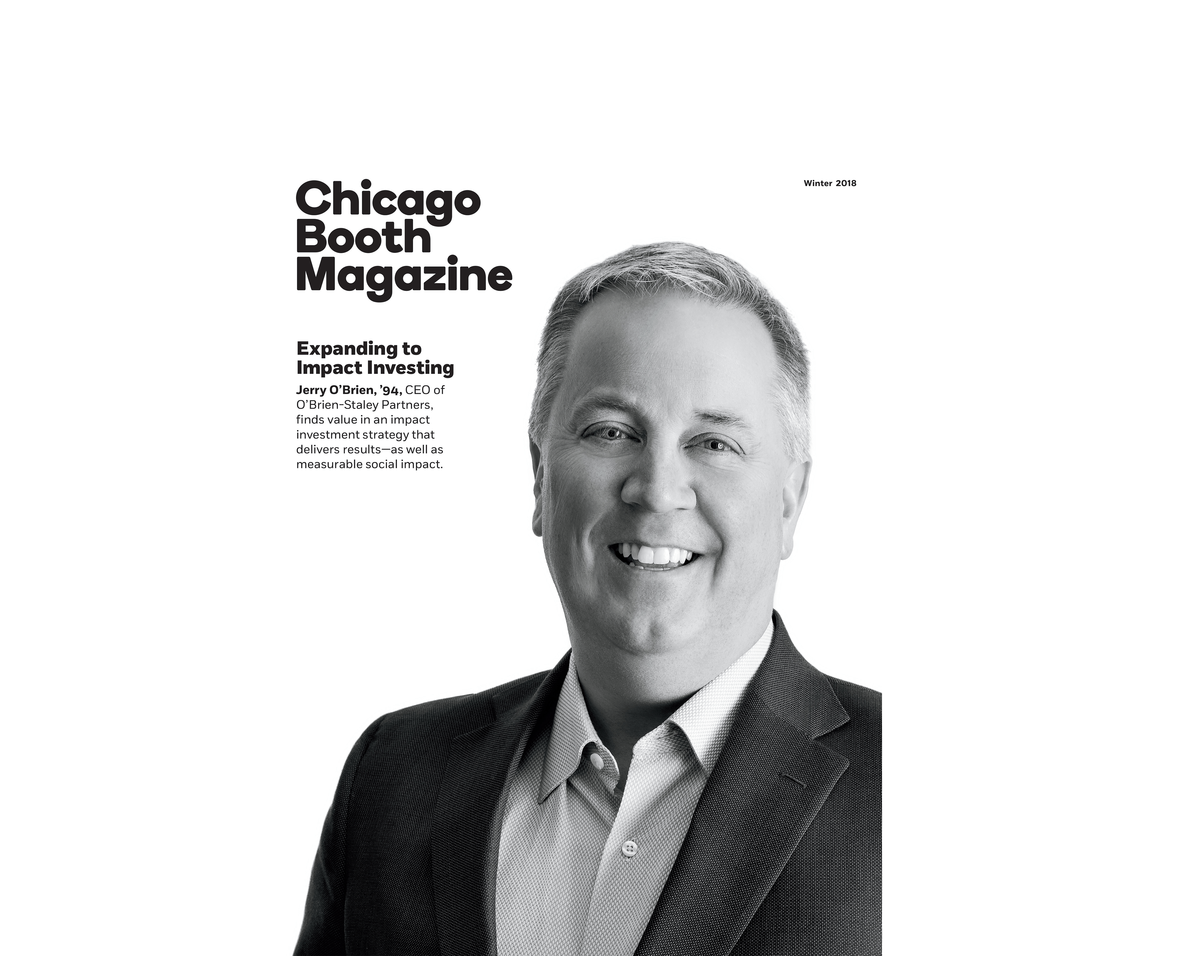 Jerry O'Brien on the cover of Chicago Booth Magazine, Winter 2018