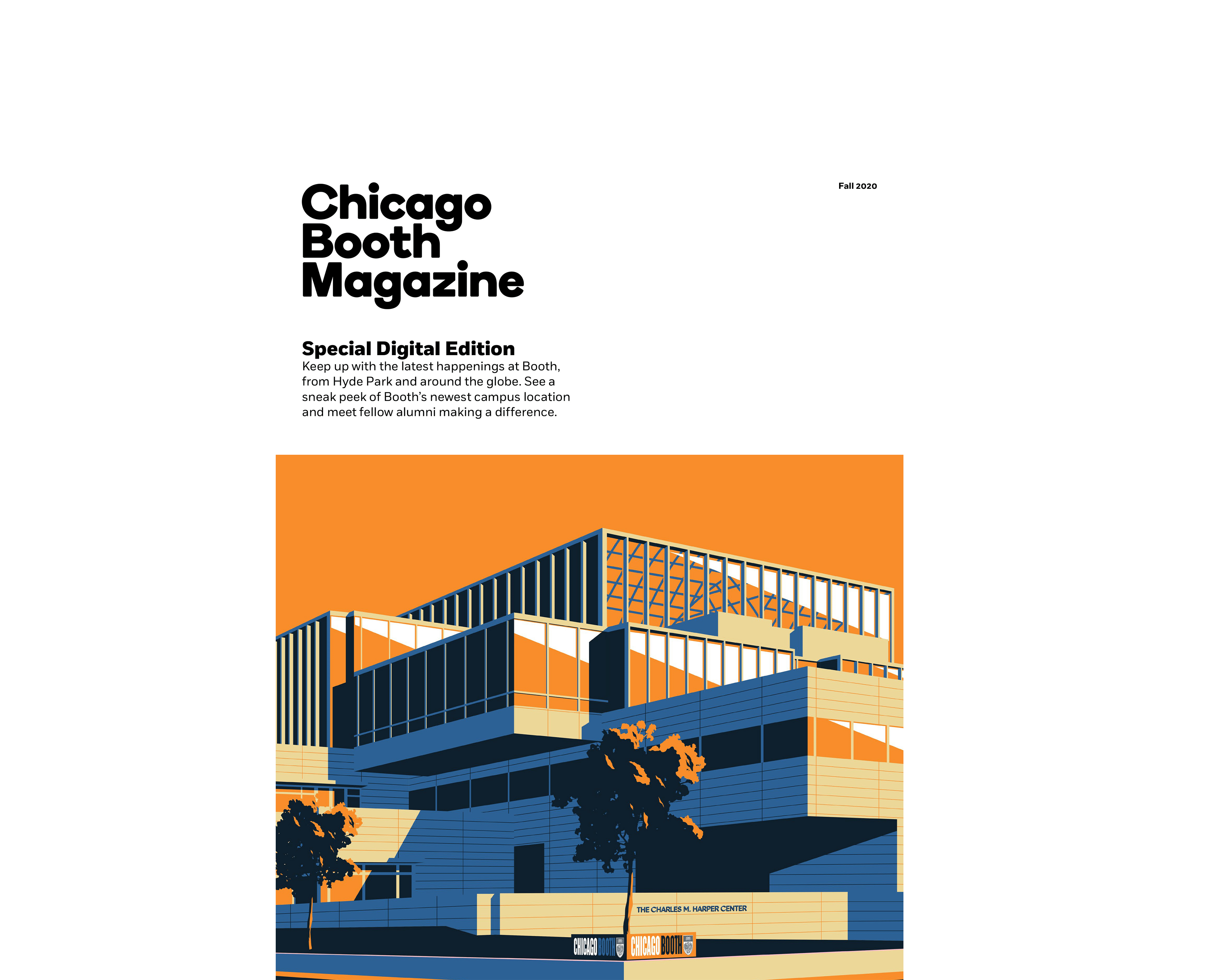 Harper Center illustration on the cover of Chicago Booth Magazine, Fall 2020