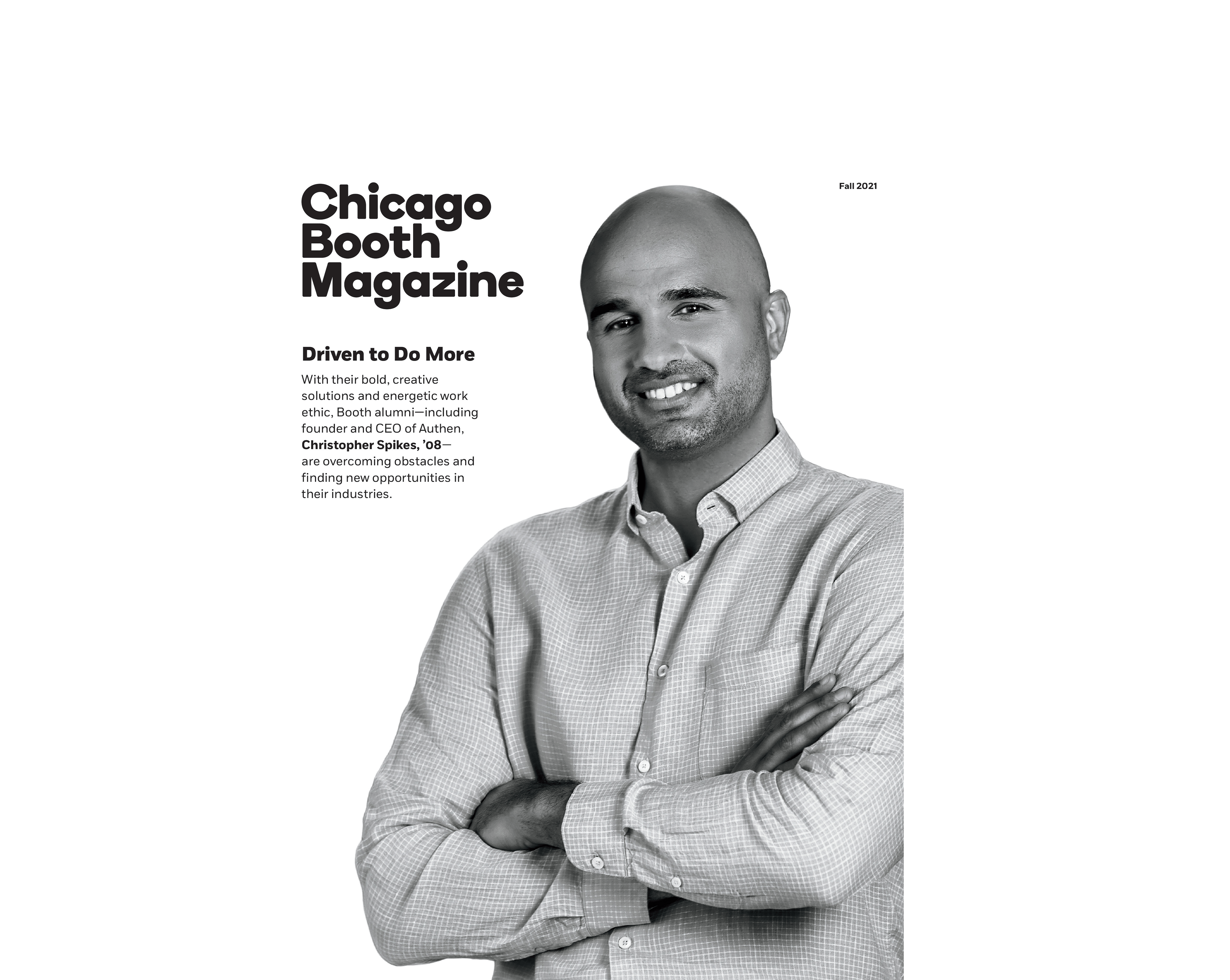 Christopher Spikes on the cover of Chicago Booth Magazine, Fall 2021