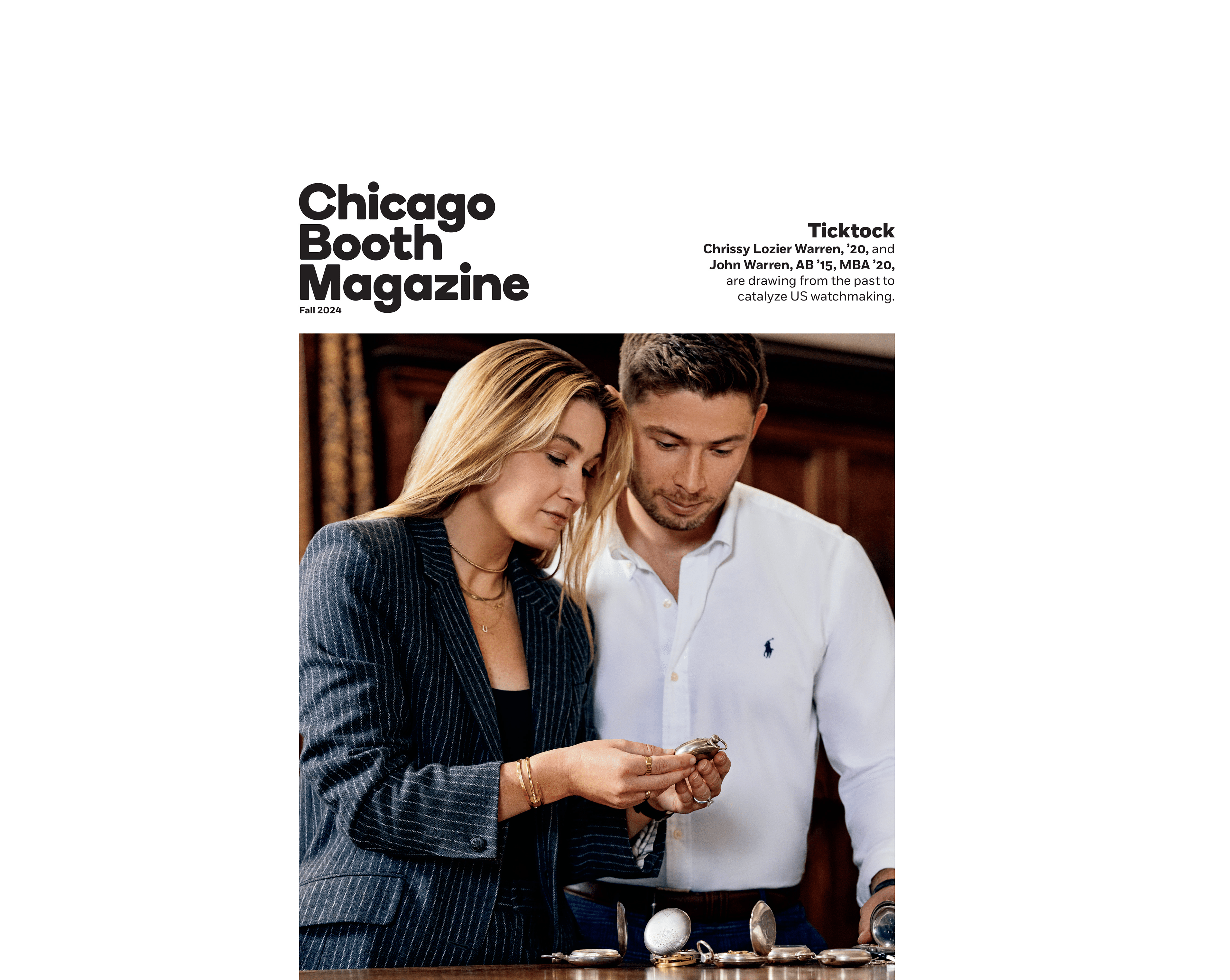Chrissy Lozier Warren and John Warren on the cover of Chicago Booth Magazine, Fall 2024