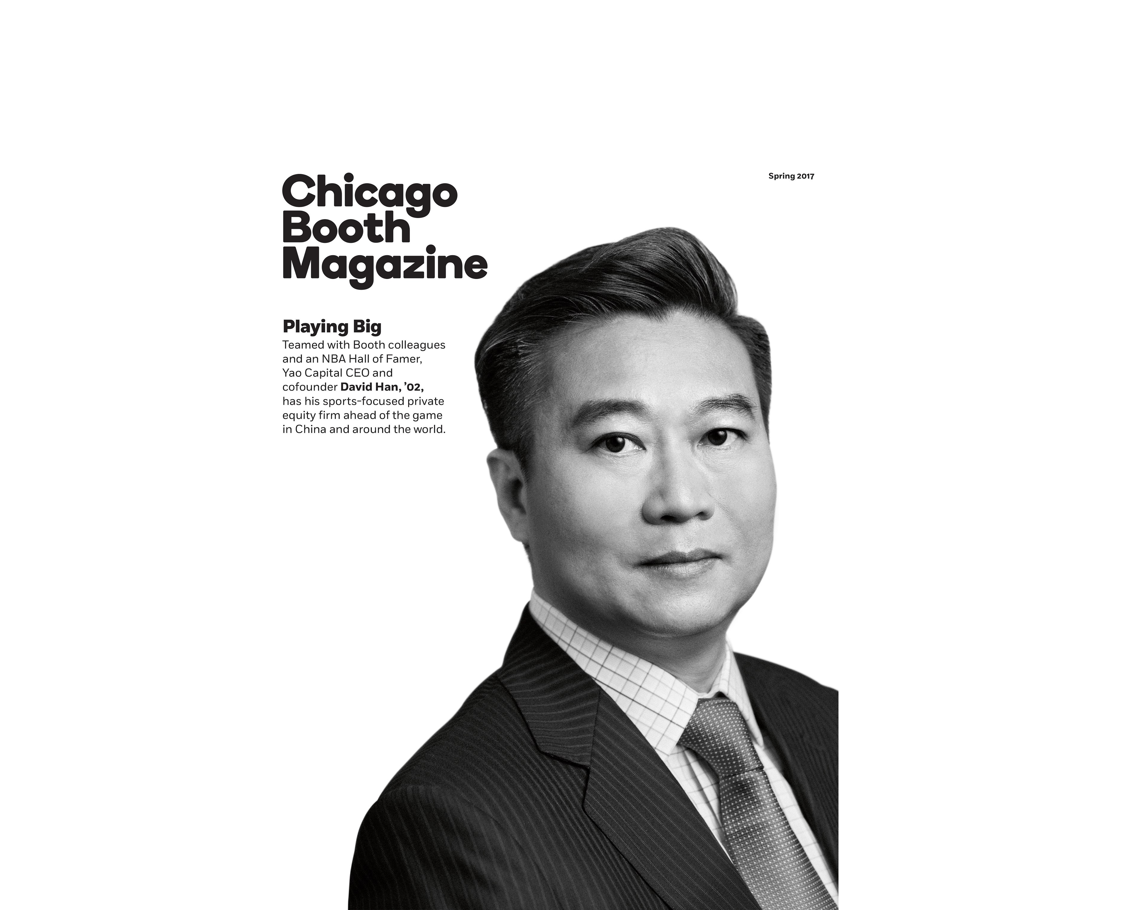 David Han on the cover of Chicago Booth Magazine, Spring 2017
